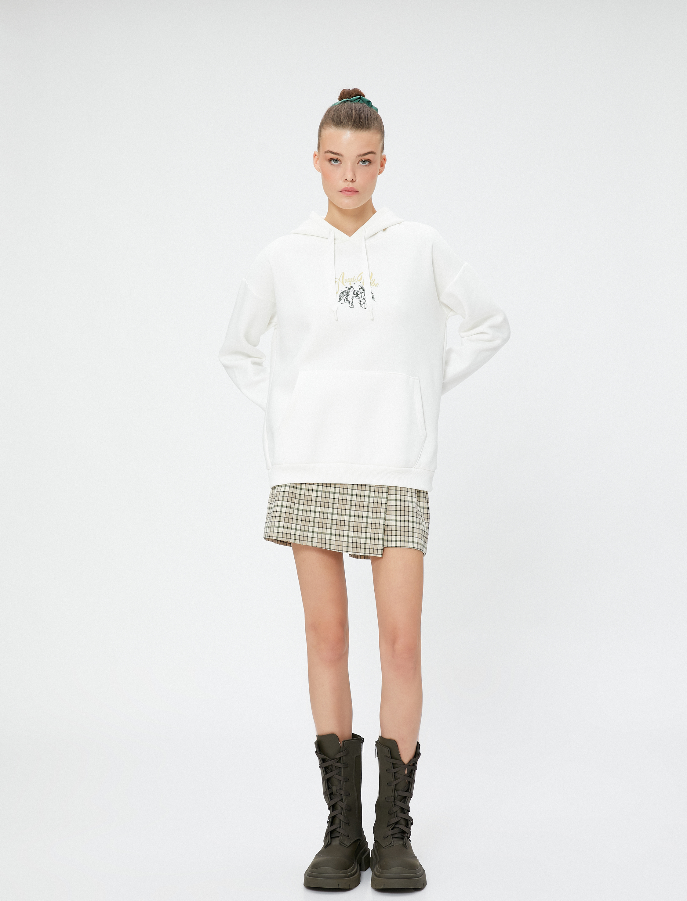   Şardonlu Kapüşonlu Sweatshirt Baskılı Rahat Kesim Kanguru Cepli