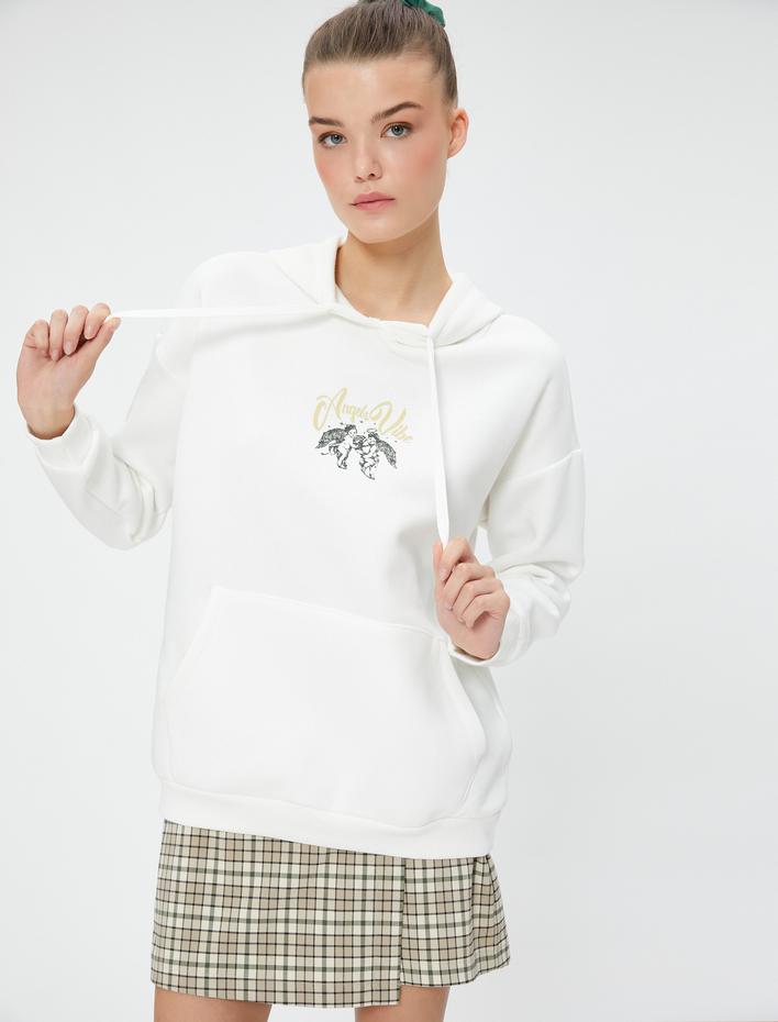  Şardonlu Kapüşonlu Sweatshirt Baskılı Rahat Kesim Kanguru Cepli
