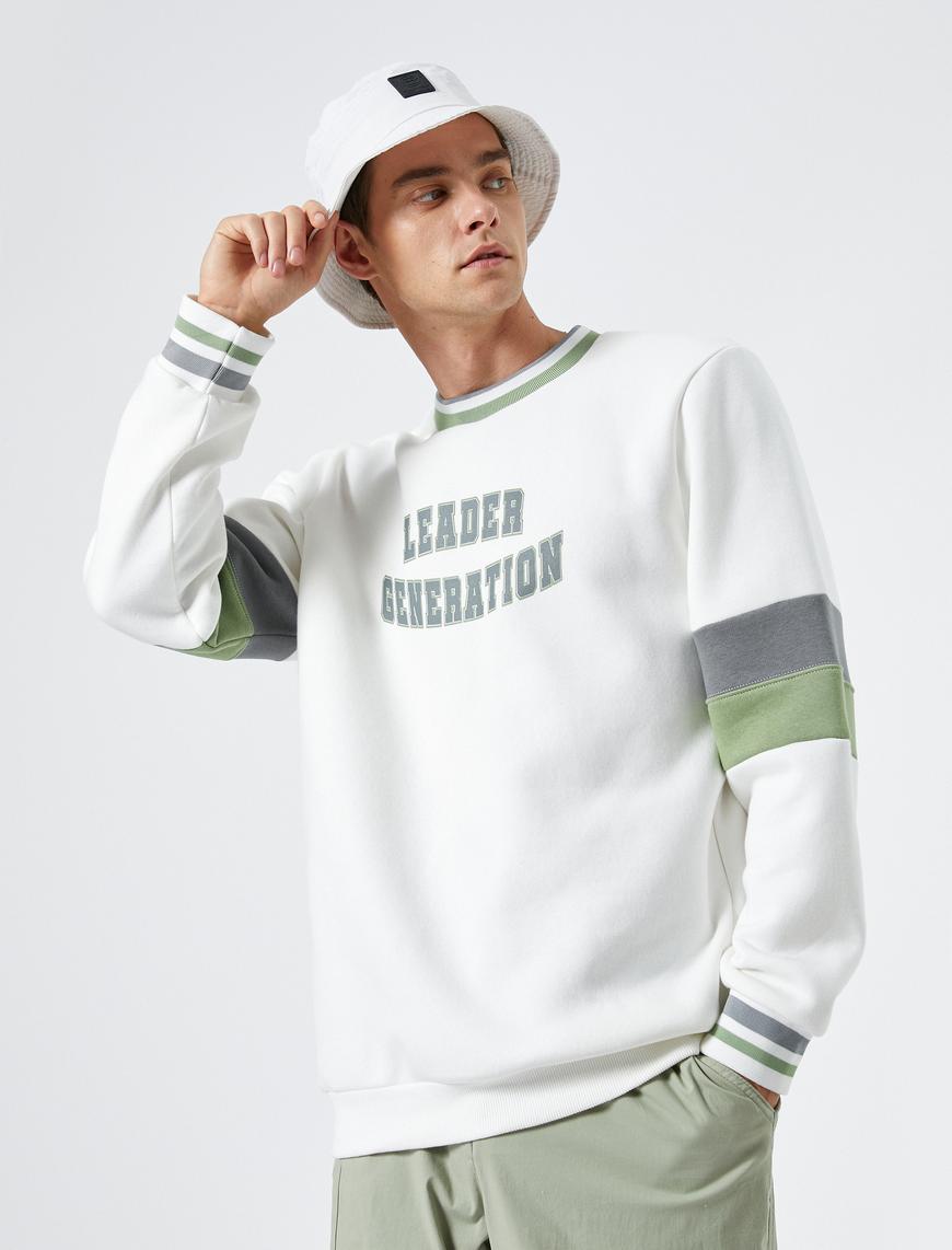   Kolej Sweatshirt Baskılı Bisiklet Yaka Ribanalı Renk Bloklu Şardonlu