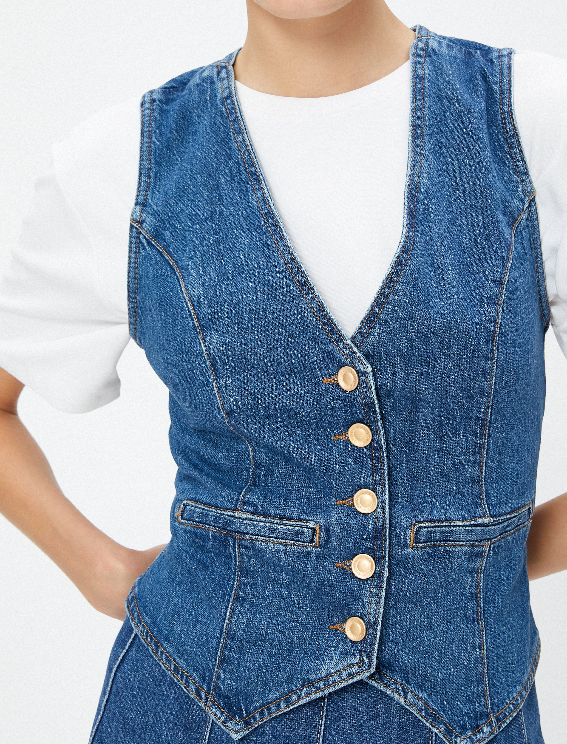   Kot Yelek V Yaka Düğmeli Cep Detaylı Pamuklu