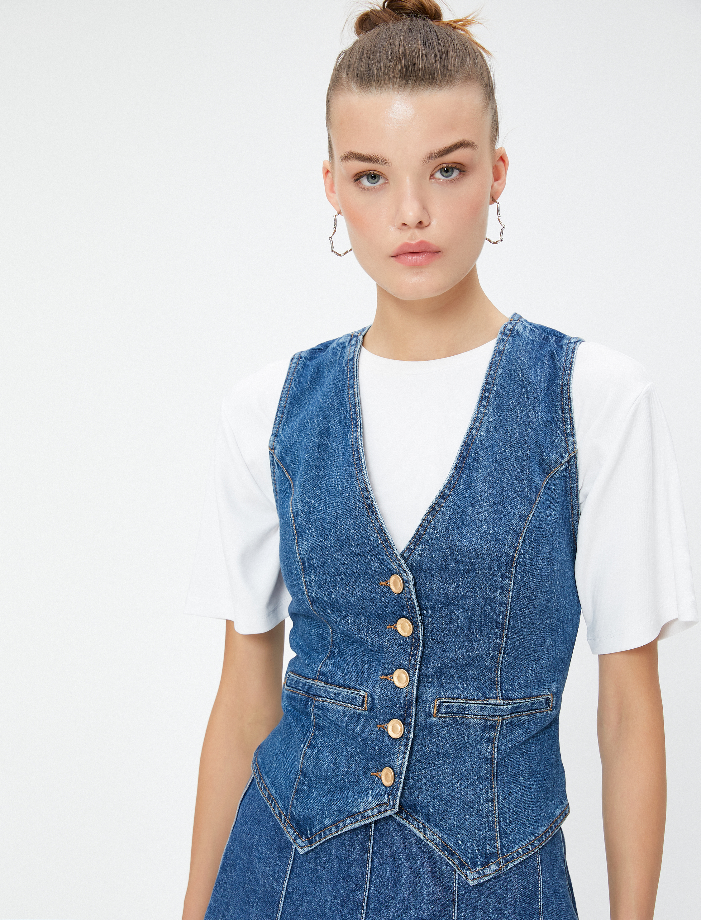   Kot Yelek V Yaka Düğmeli Cep Detaylı Pamuklu