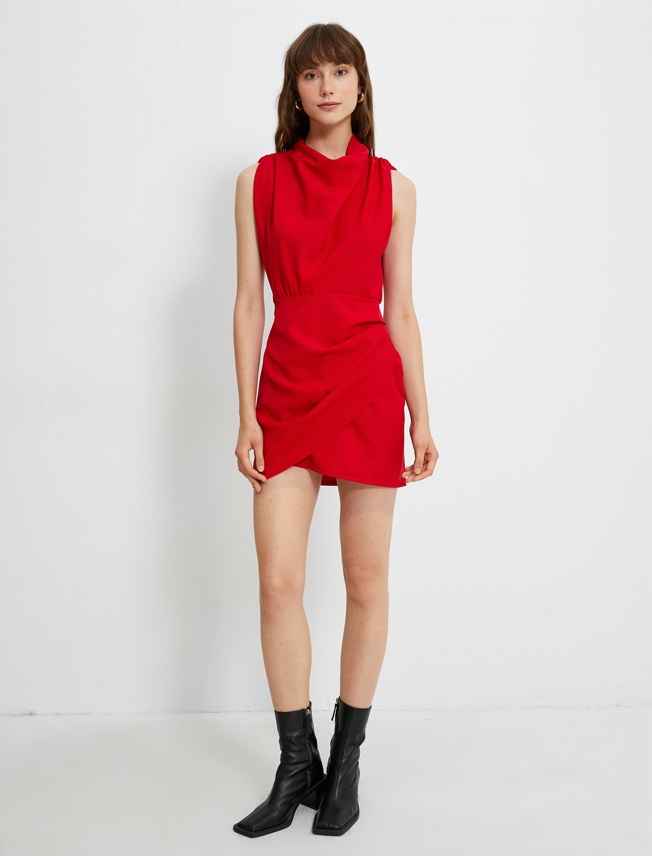   Mini Elbise Drape Yaka Kolsuz Astarlı