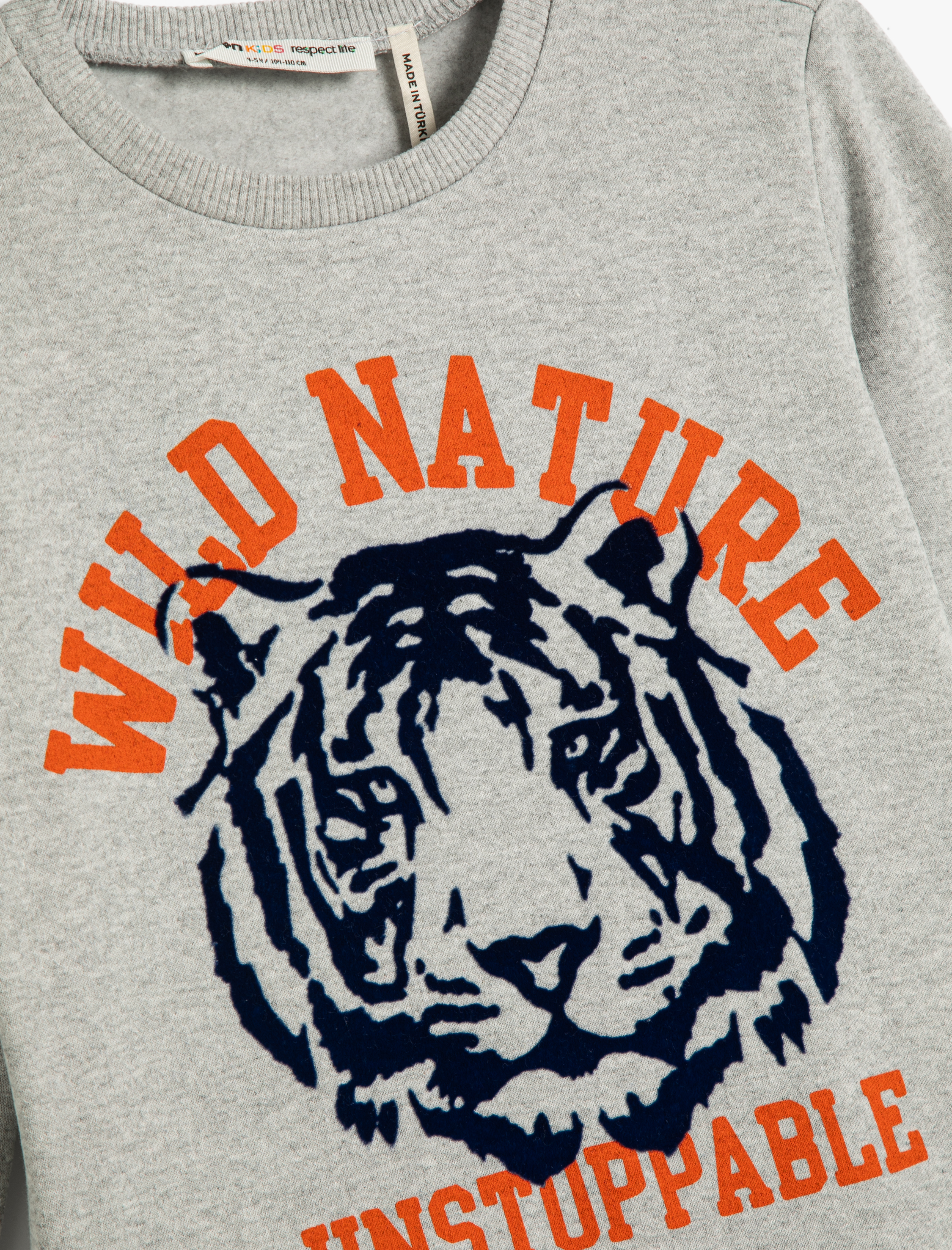  Erkek Çocuk Sweatshirt Şardonlu Bisiklet Yaka Kaplan Baskılı Pamuklu