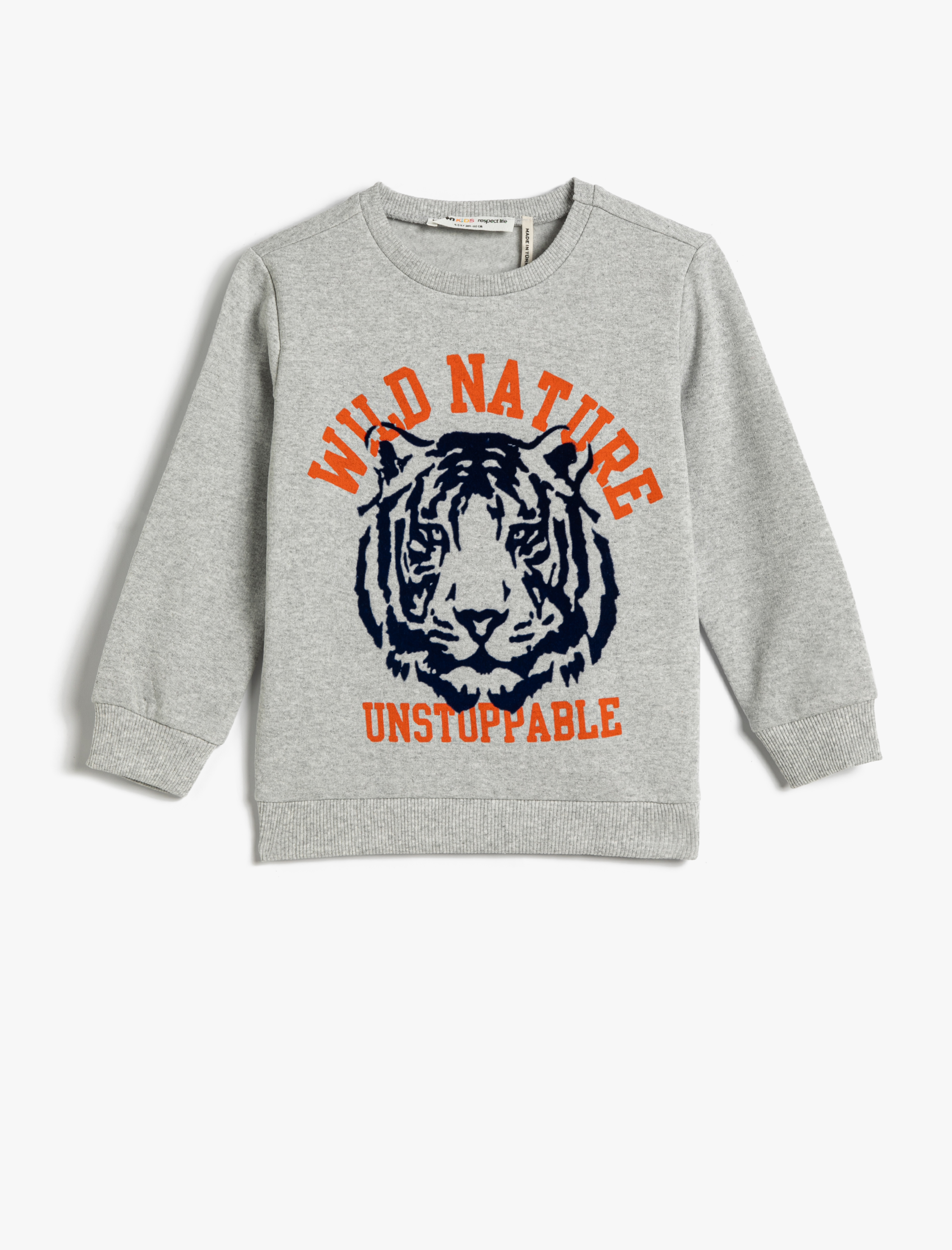  Erkek Çocuk Sweatshirt Şardonlu Bisiklet Yaka Kaplan Baskılı Pamuklu