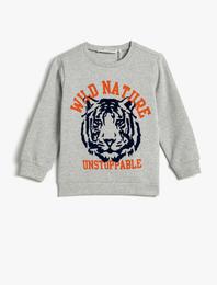 Sweatshirt Şardonlu Bisiklet Yaka Kaplan Baskılı Pamuklu