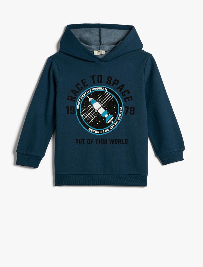 Erkek Çocuk Kapşonlu Sweatshirt Şardonlu Uzay Temalı Baskılı Pamuklu
