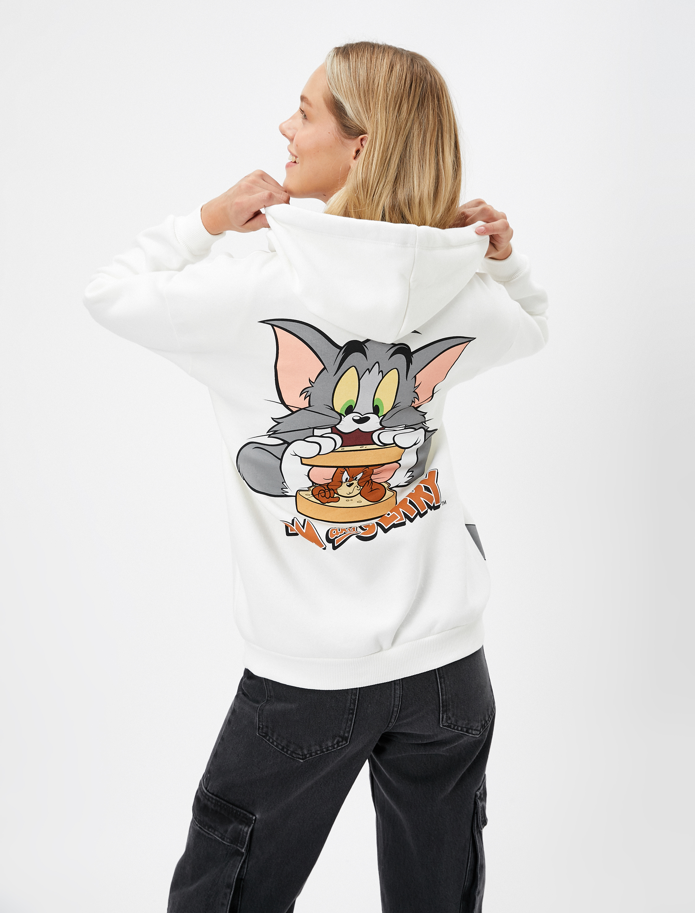   Şardonlu Tom ve Jerry Arkası Baskılı Kapşonlu Sweatshirt Lisanslı