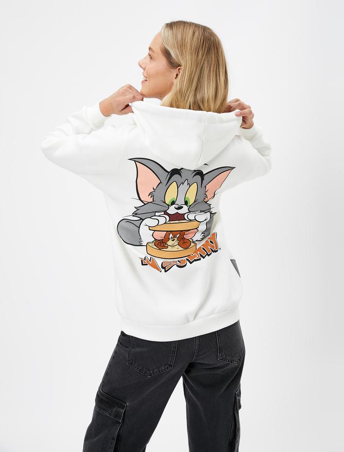 Şardonlu Tom ve Jerry Arkası Baskılı Kapşonlu Sweatshirt Lisanslı