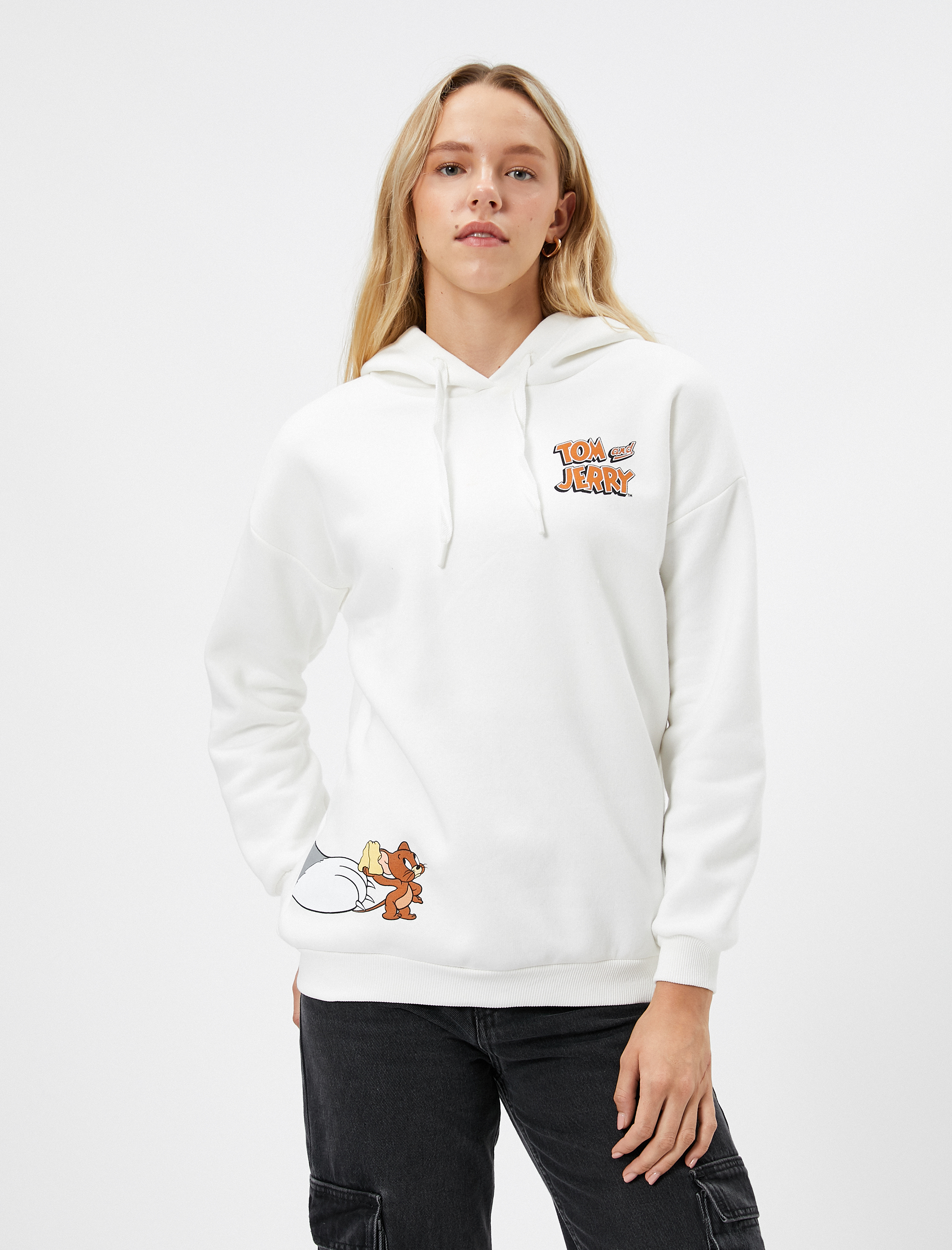   Şardonlu Tom ve Jerry Arkası Baskılı Kapşonlu Sweatshirt Lisanslı