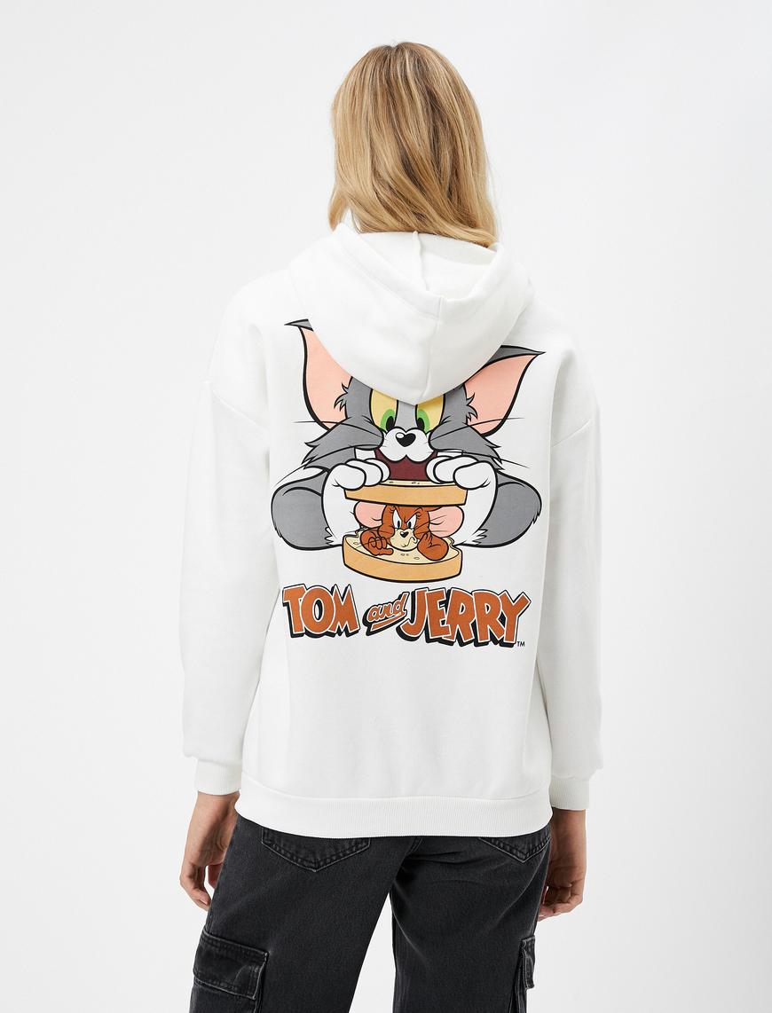   Tom ve Jerry Arkası Baskılı Kapşonlu Sweatshirt Lisanslı