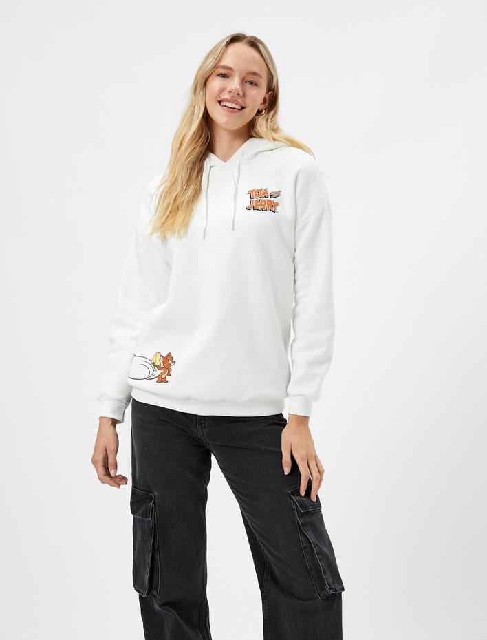  Şardonlu Tom ve Jerry Arkası Baskılı Kapşonlu Sweatshirt Lisanslı