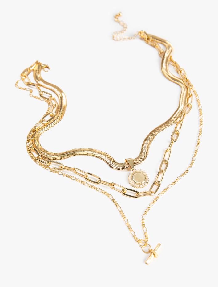 Kadın Katlı Zincir Çelik Kolye Madalyon Charm Uçlu