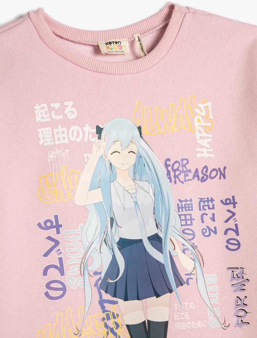  Kız Çocuk Anime Baskılı Sweatshirt Bisiklet Yaka Uzun Kollu Pamuklu Şardonlu