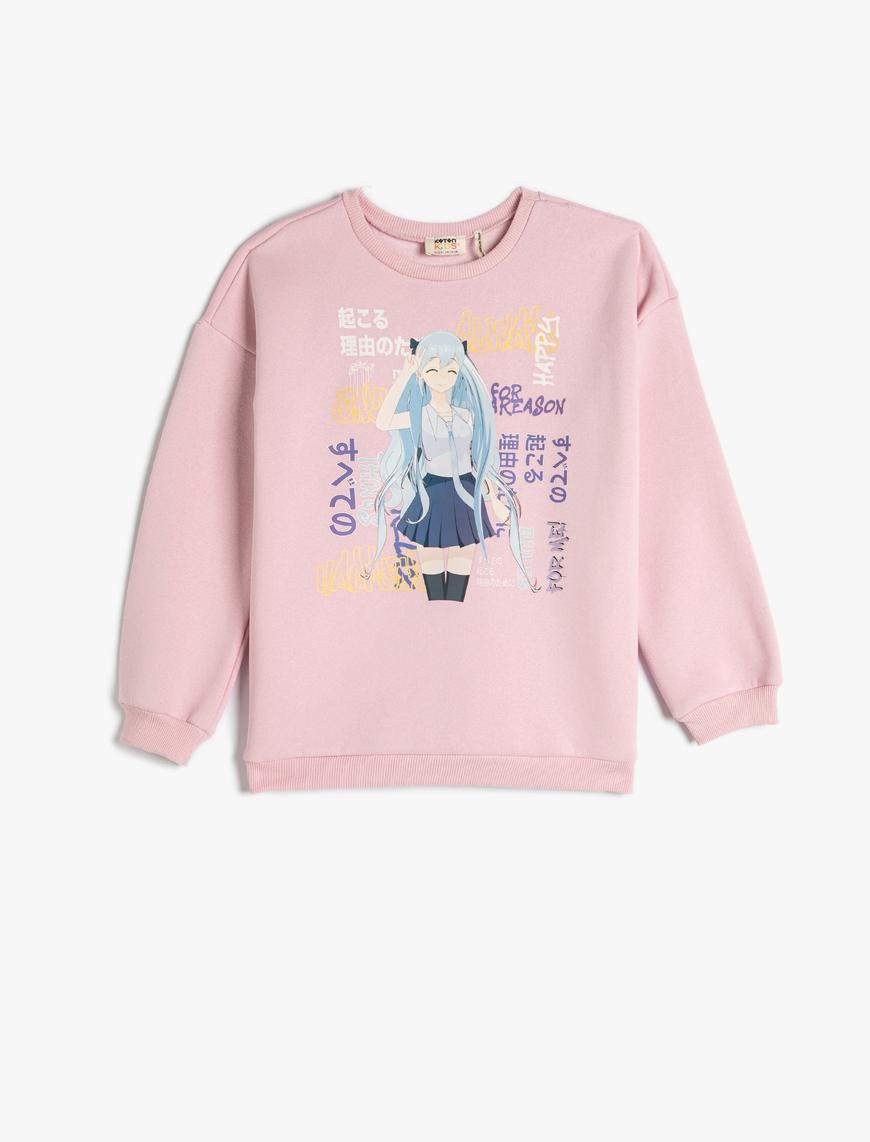  Kız Çocuk Anime Baskılı Sweatshirt Bisiklet Yaka Uzun Kollu Pamuklu Şardonlu