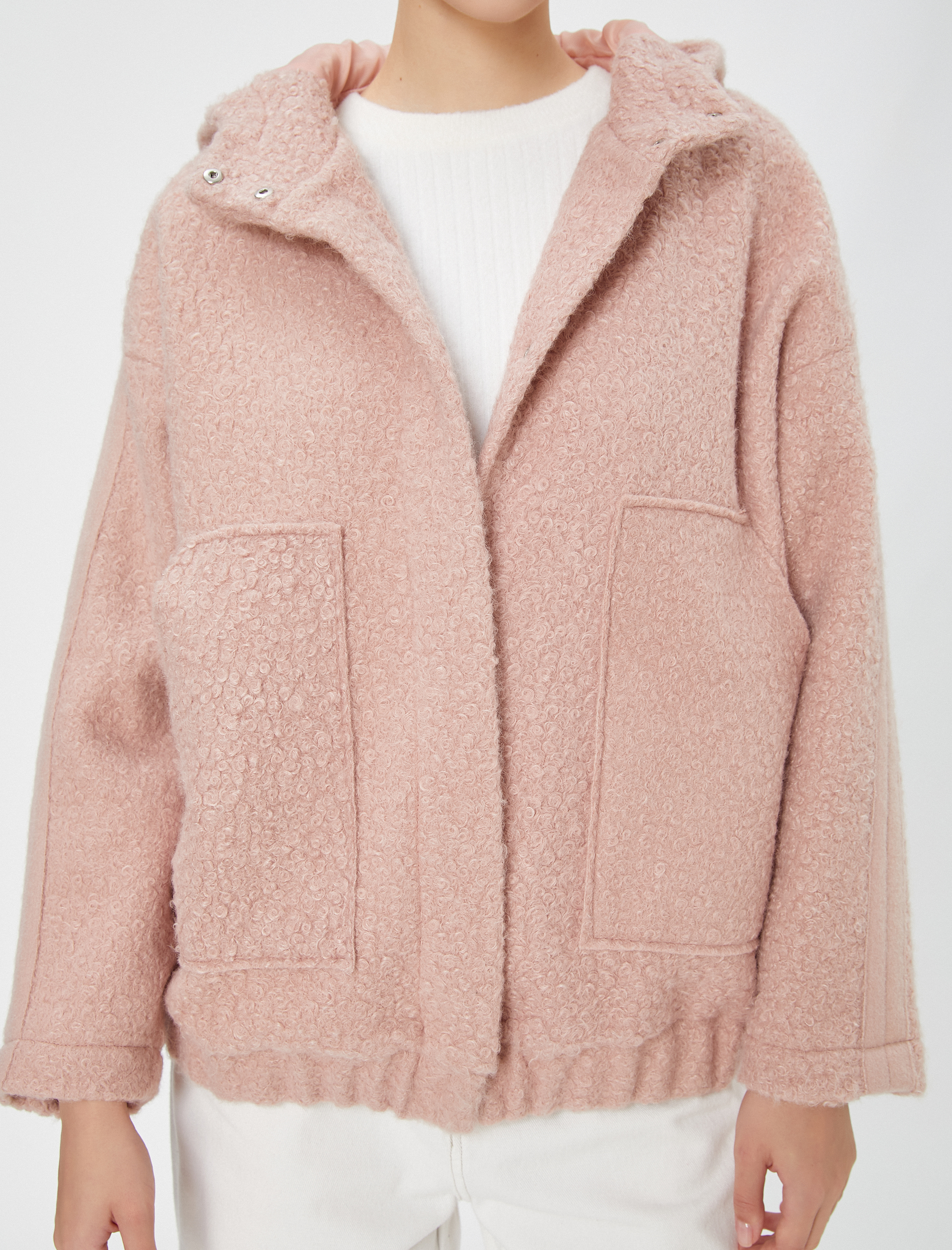   Peluş Bomber Ceket Oversize Kapüşonlu Cepli