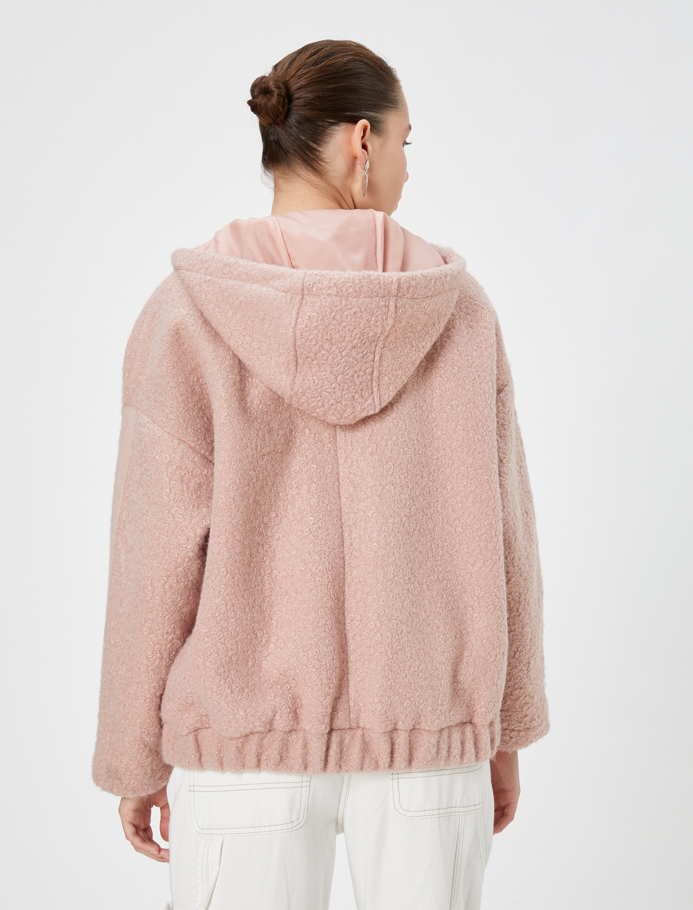   Peluş Bomber Ceket Oversize Kapüşonlu Cepli