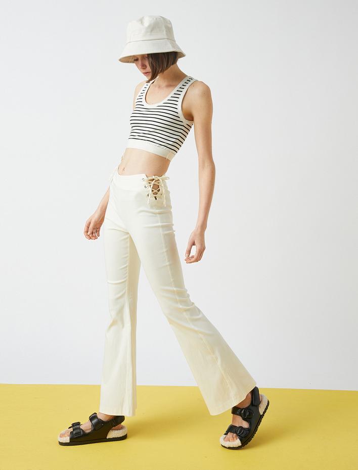  Bol Paçalı Pantolon Yüksek Bel Bağlama Detaylı