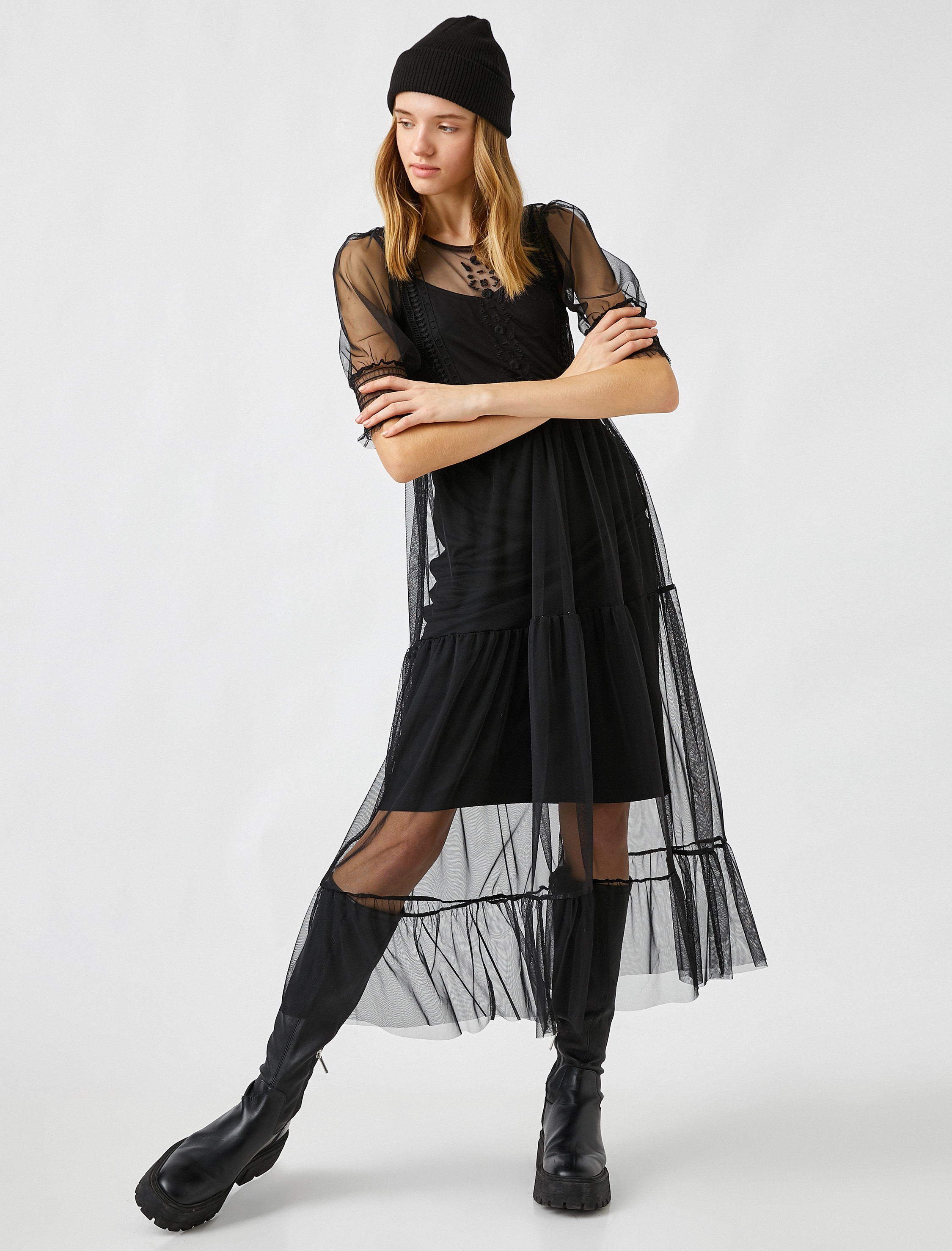   Tül Detaylı Fırfırlı Elbise