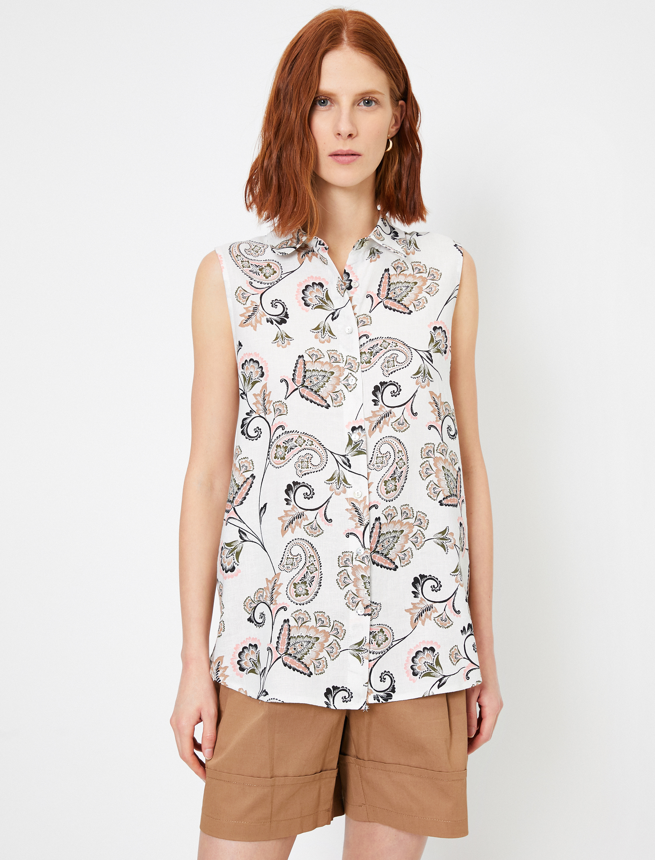   Desenli Kolsuz Gömlek Keten Karışımlı