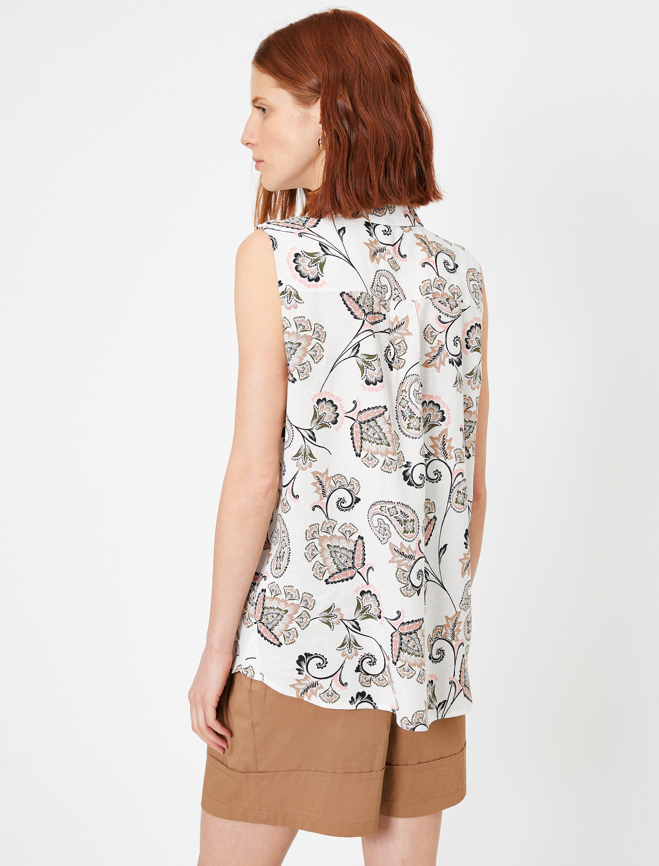   Desenli Kolsuz Gömlek Keten Karışımlı