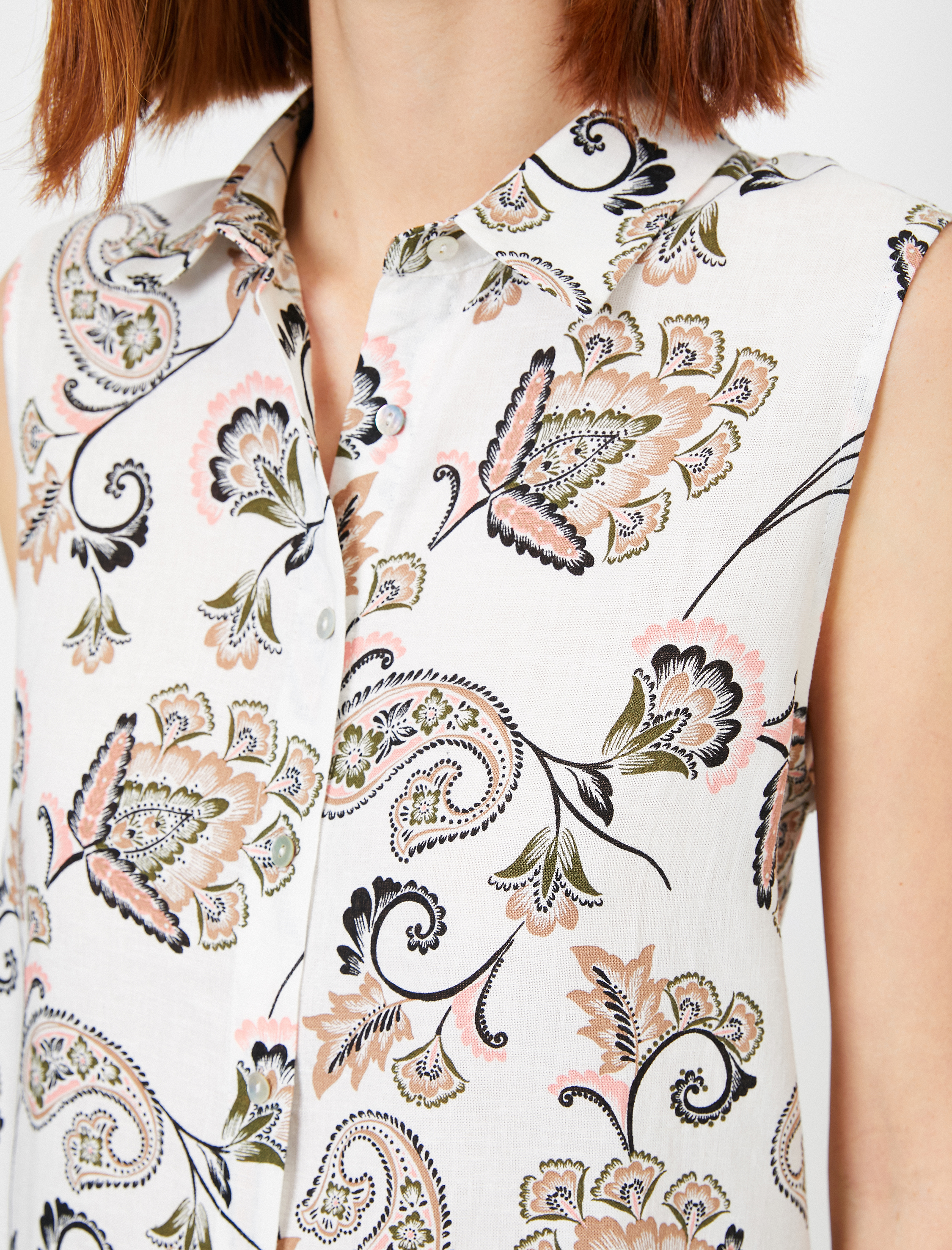   Desenli Kolsuz Gömlek Keten Karışımlı