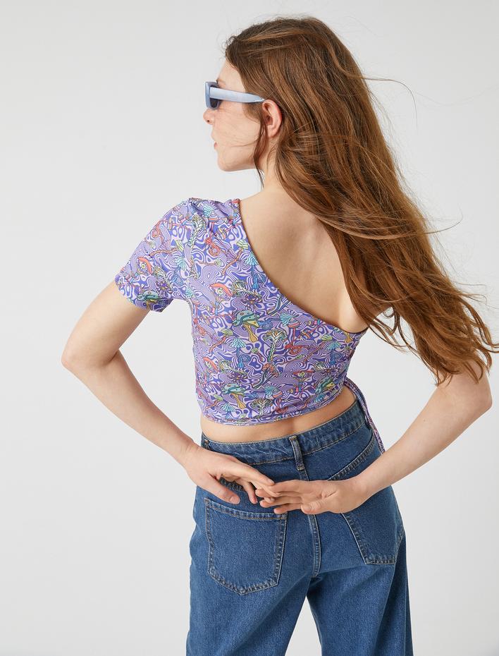  Tek Omuz Crop Tişört Büzgü Detaylı