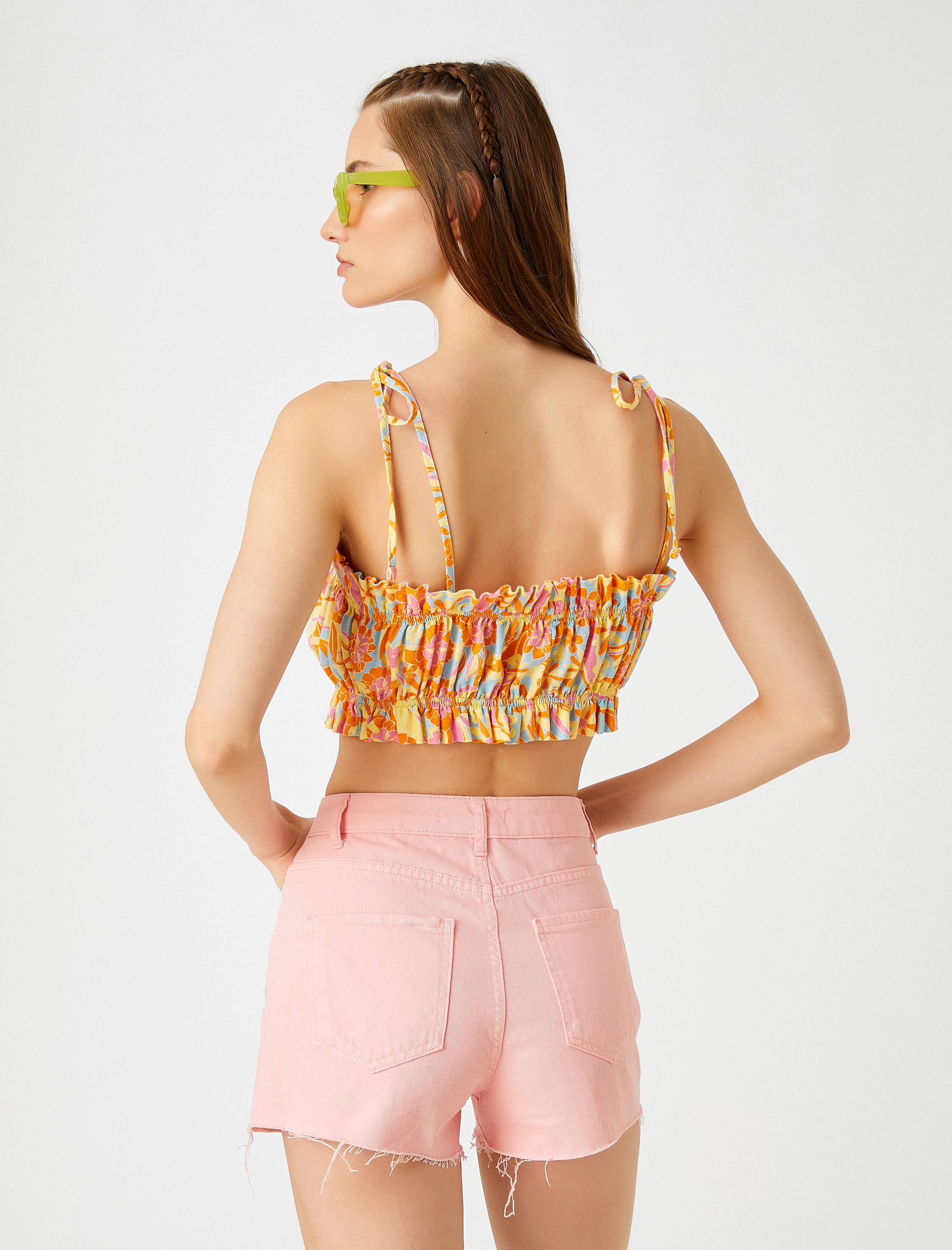   Crop Büzgülü Büstiyer İnce Askılı Keten Karışımlı