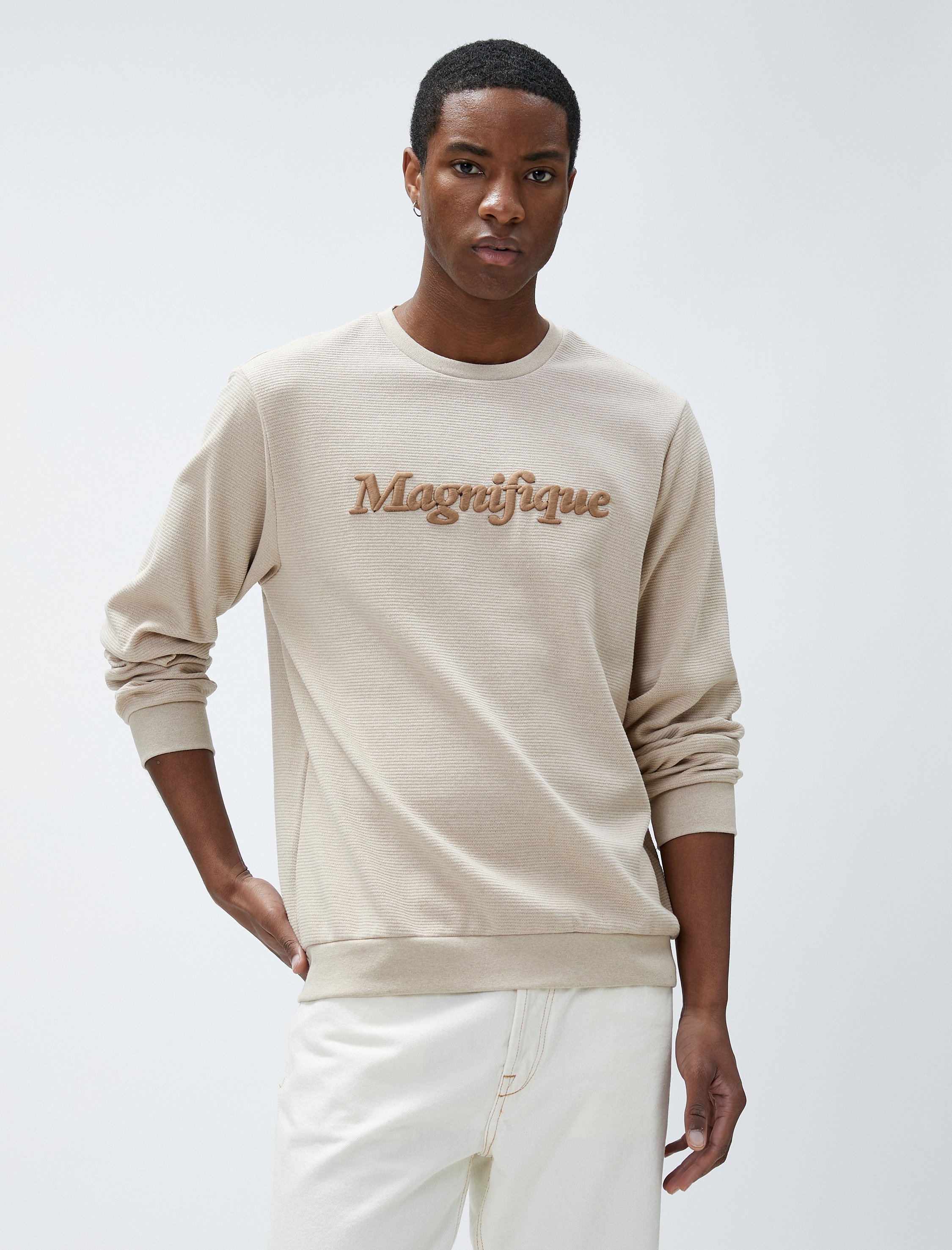Yazı Baskılı Sweatshirt Bisiklet Yaka