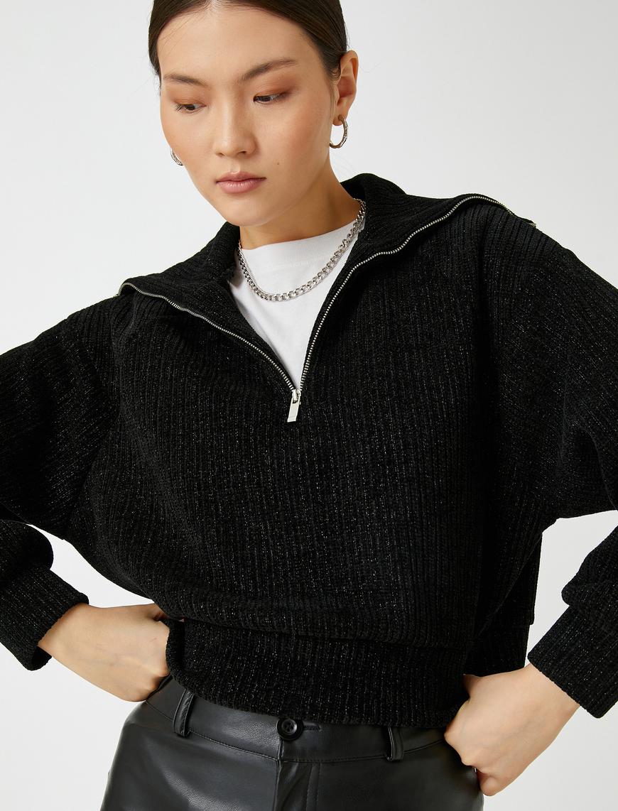   Kadife Sweatshirt Fermuarlı Dik Yaka