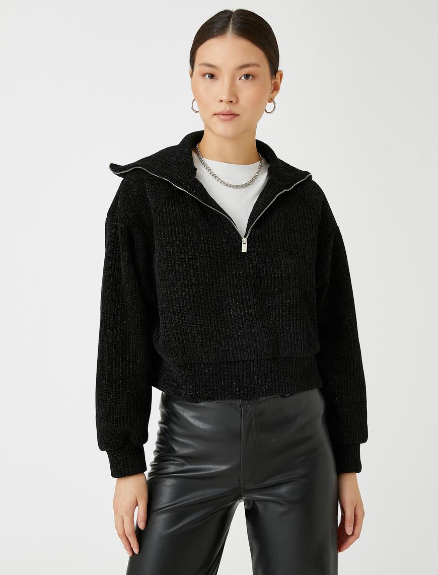   Kadife Sweatshirt Fermuarlı Dik Yaka