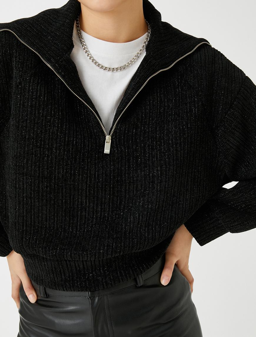   Kadife Sweatshirt Fermuarlı Dik Yaka