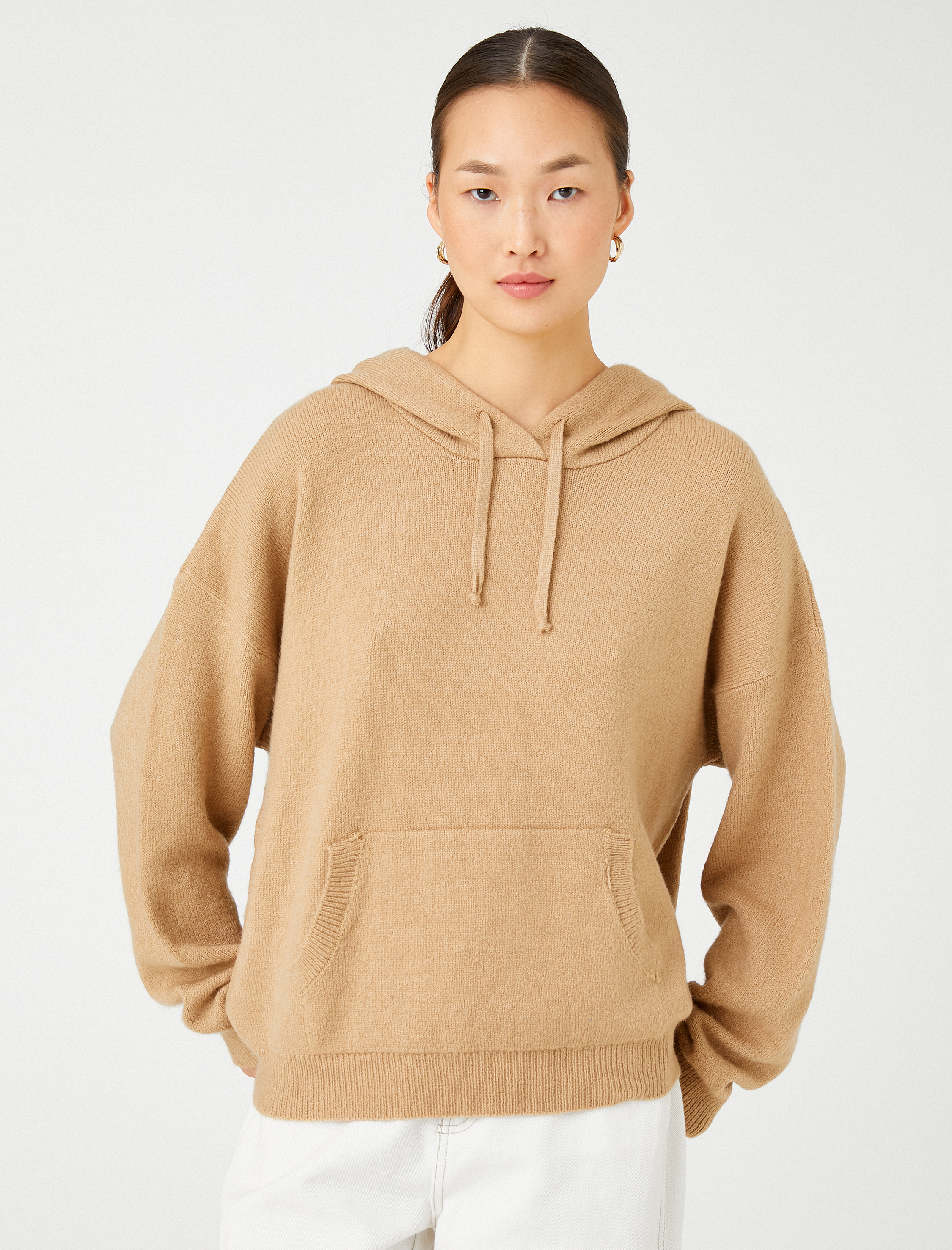 Oversize Triko Kazak Kapüşonlu Kanguru Cepli