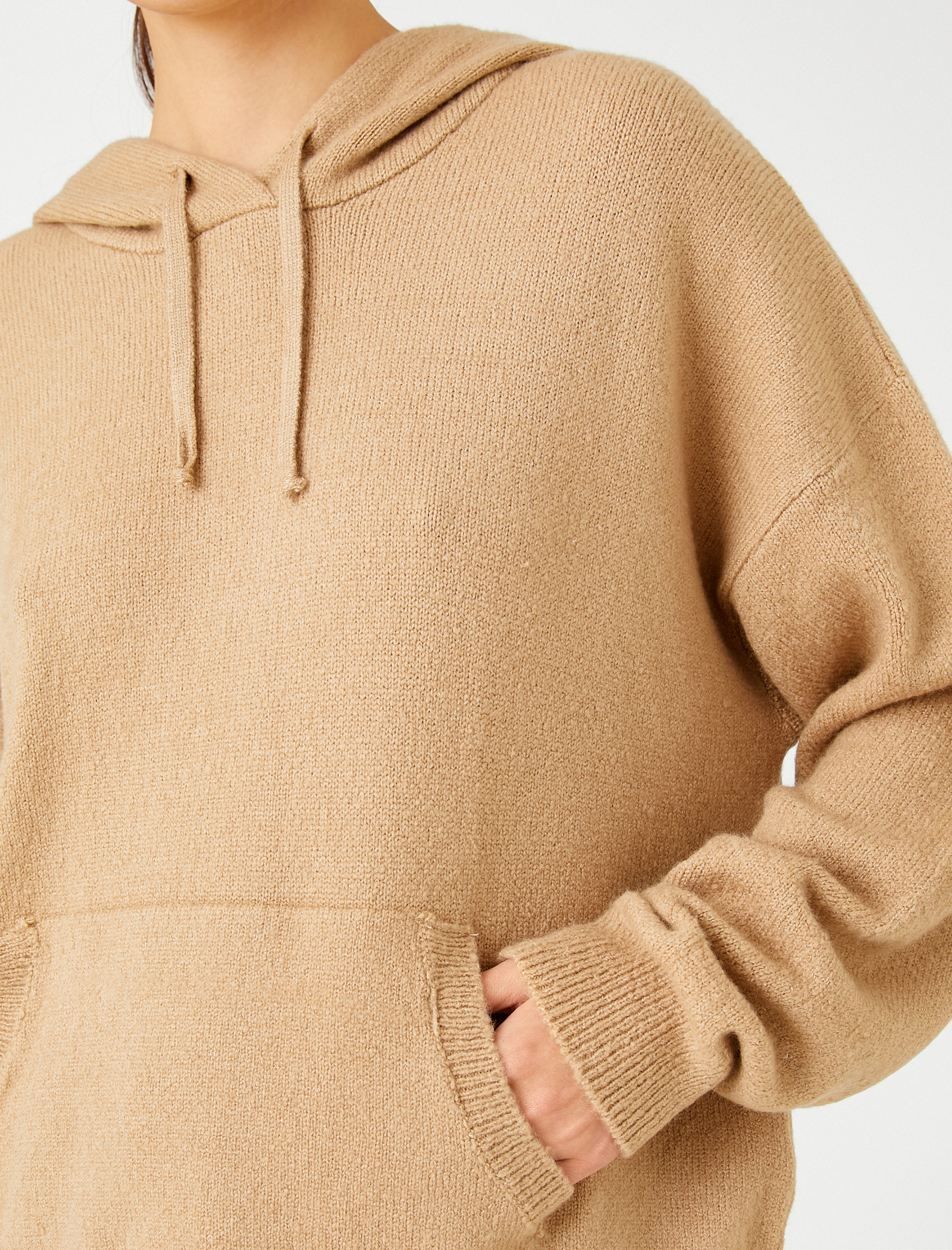 Oversize Triko Kazak Kapüşonlu Kanguru Cepli