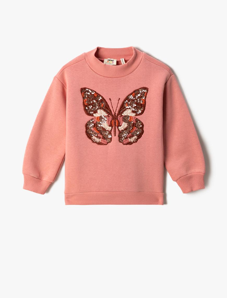  Kız Çocuk Dik Yaka Kelebek İşlemeli Sweatshirt Uzun Kollu Rahat Kesim