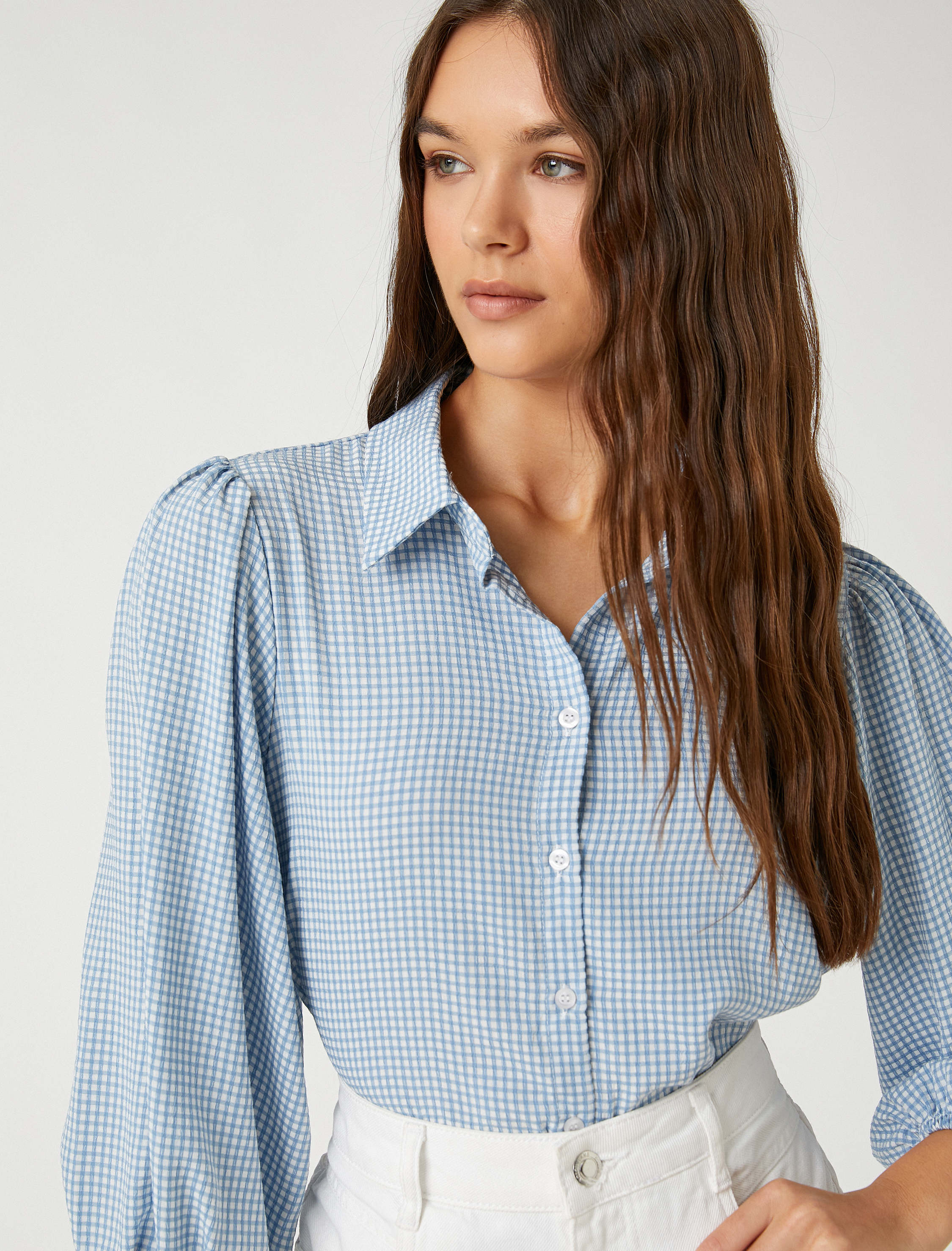   Oversize Gömlek Viskon Balon Kollu Pötikareli Düğmeli