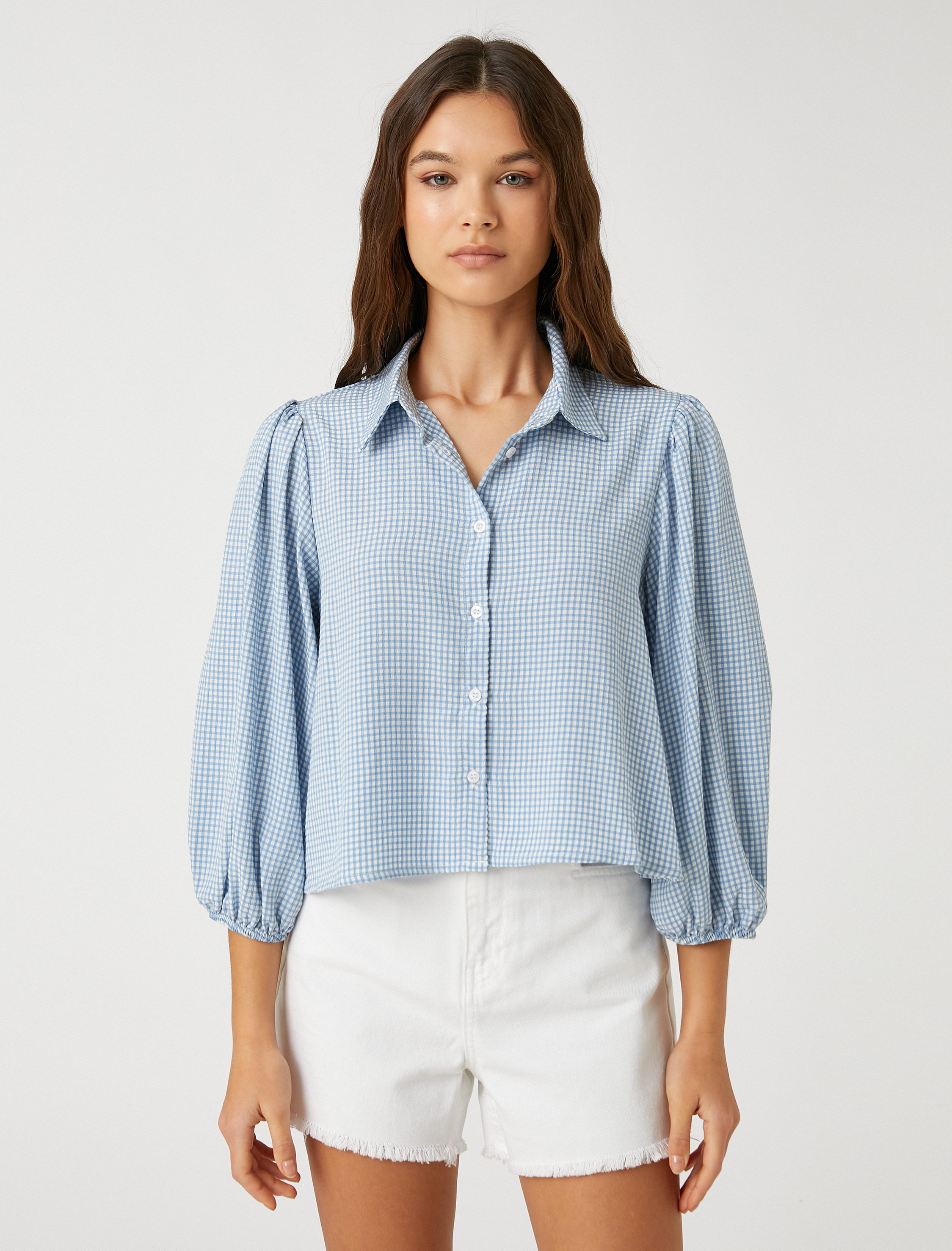   Oversize Gömlek Viskon Balon Kollu Pötikareli Düğmeli