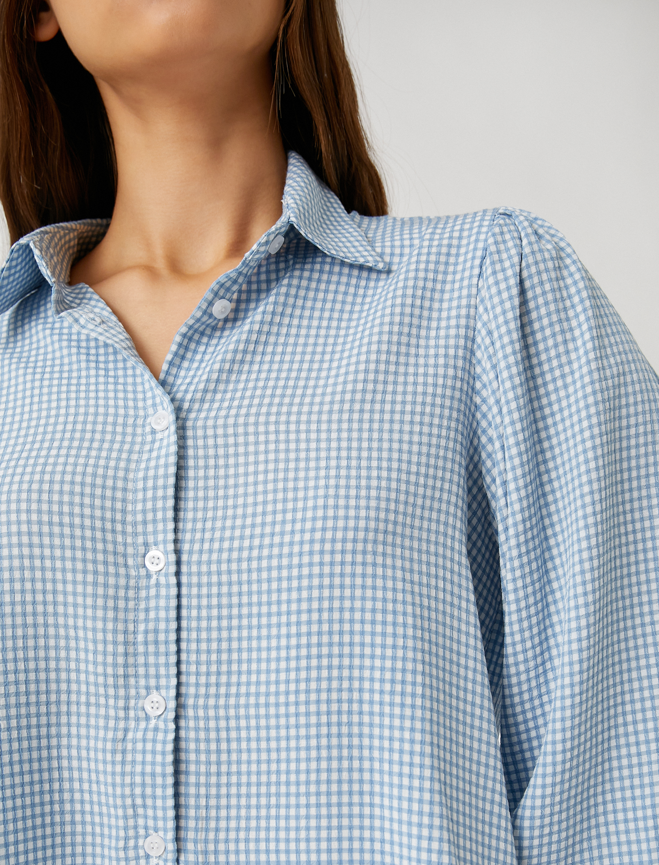   Oversize Gömlek Viskon Balon Kollu Pötikareli Düğmeli