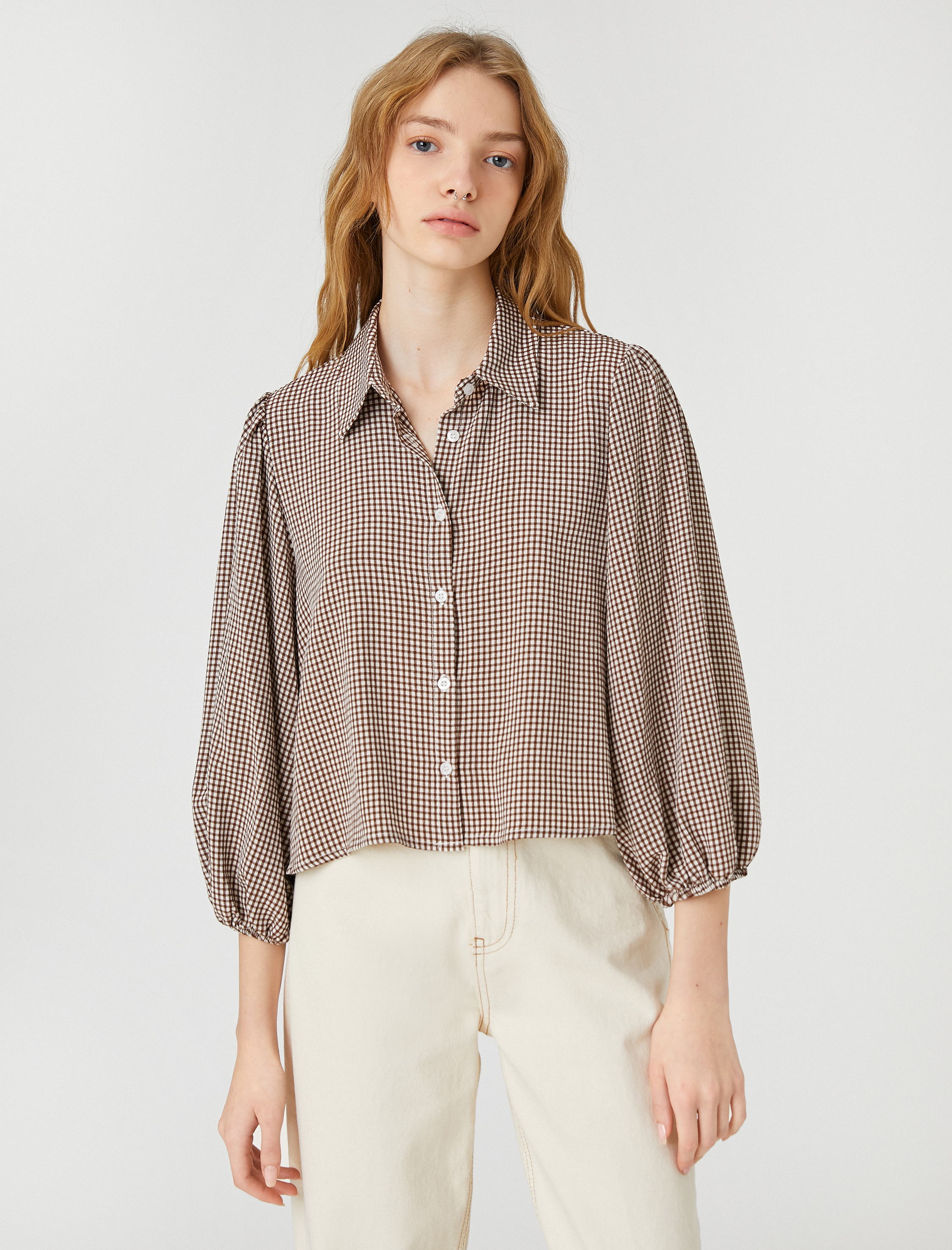   Oversize Gömlek Viskon Balon Kollu Pötikareli Düğmeli