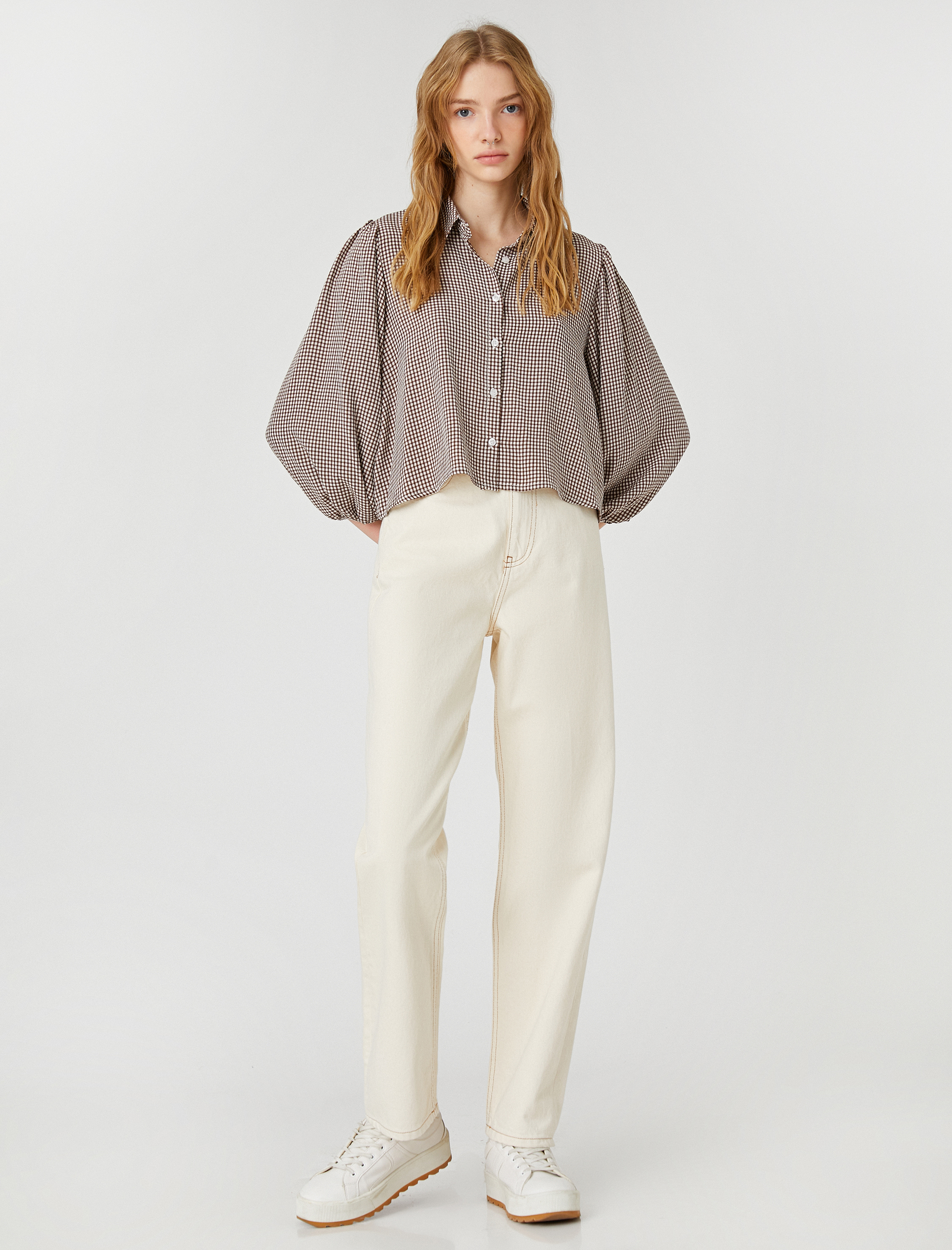   Oversize Gömlek Viskon Balon Kollu Pötikareli Düğmeli