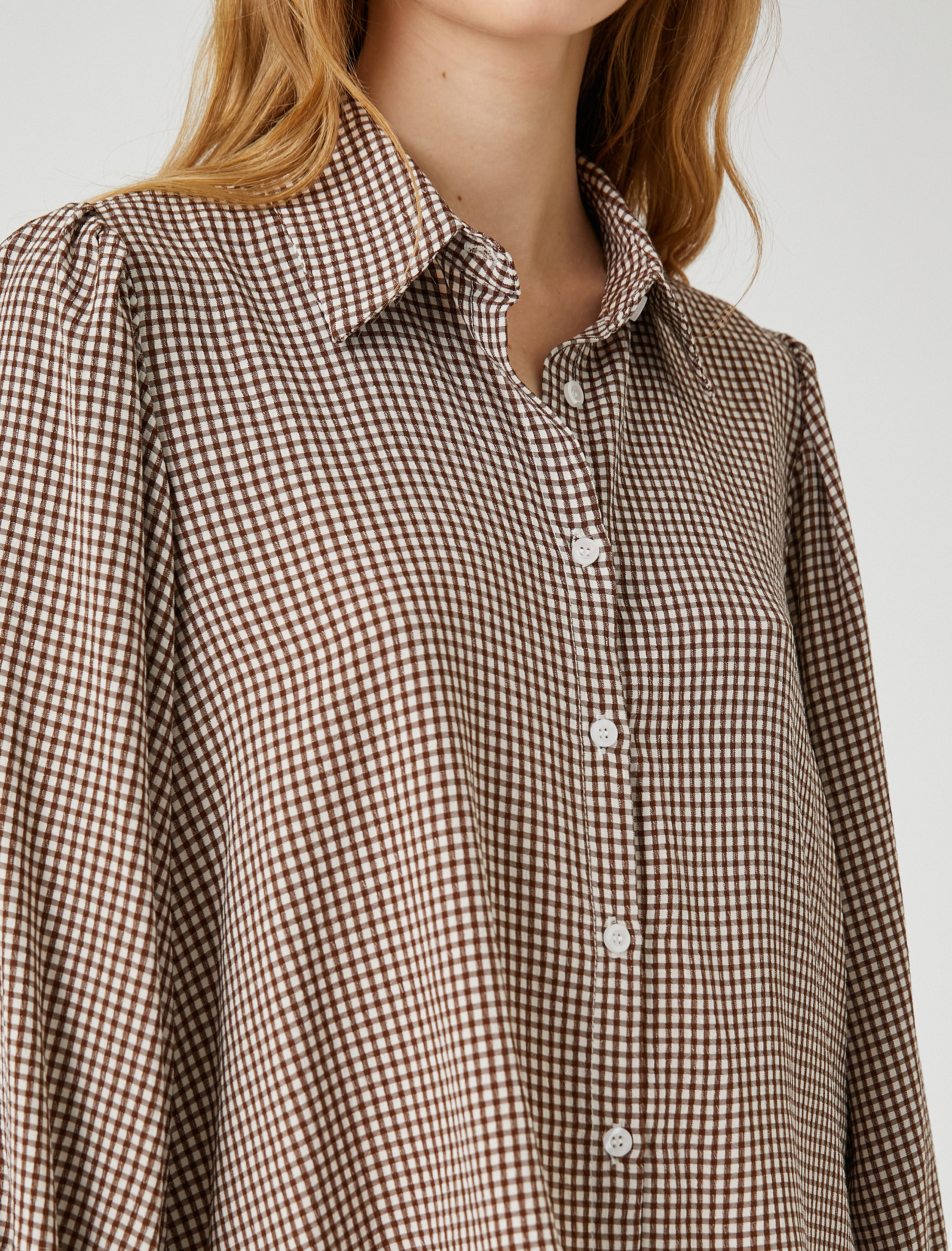   Oversize Gömlek Viskon Balon Kollu Pötikareli Düğmeli