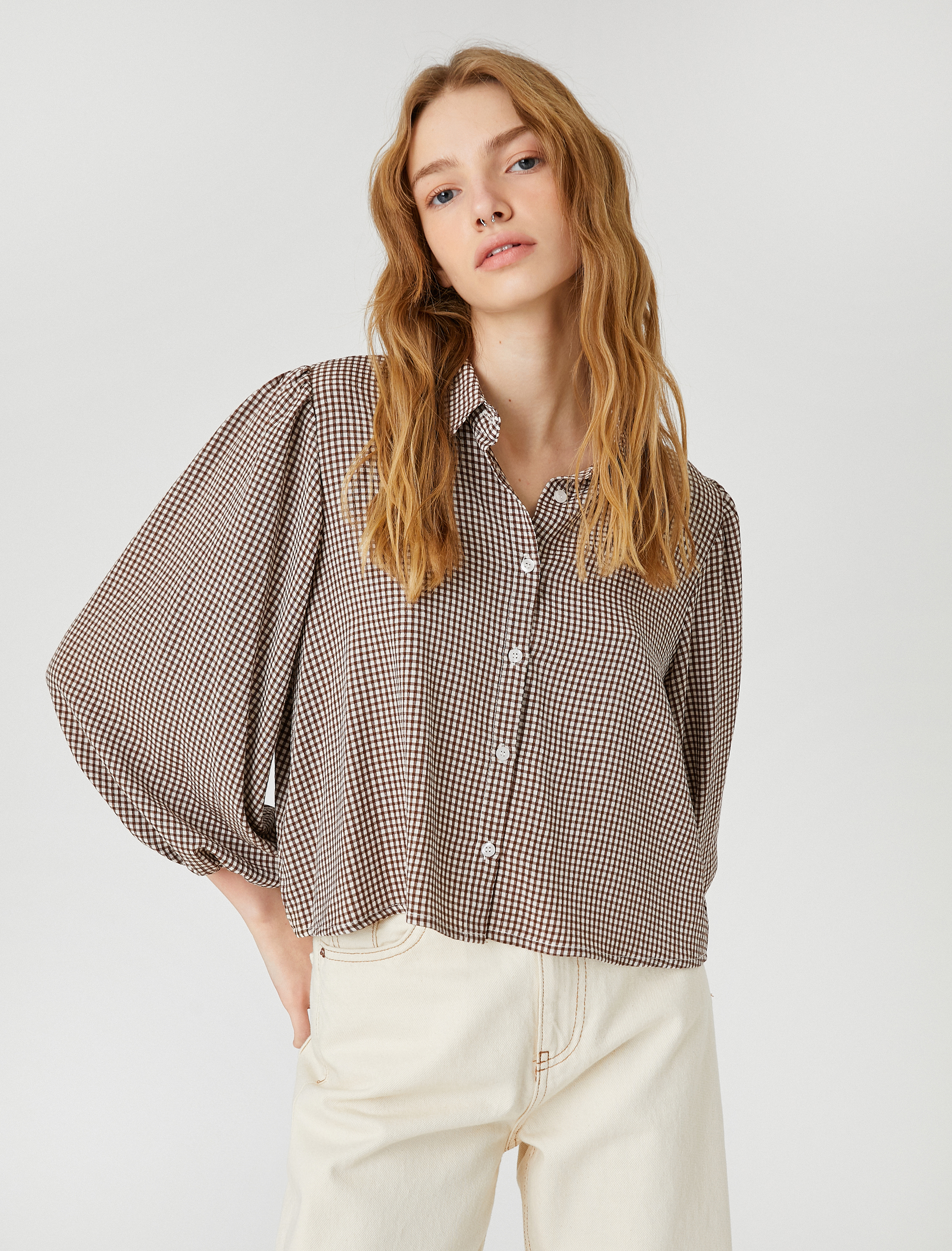   Oversize Gömlek Viskon Balon Kollu Pötikareli Düğmeli