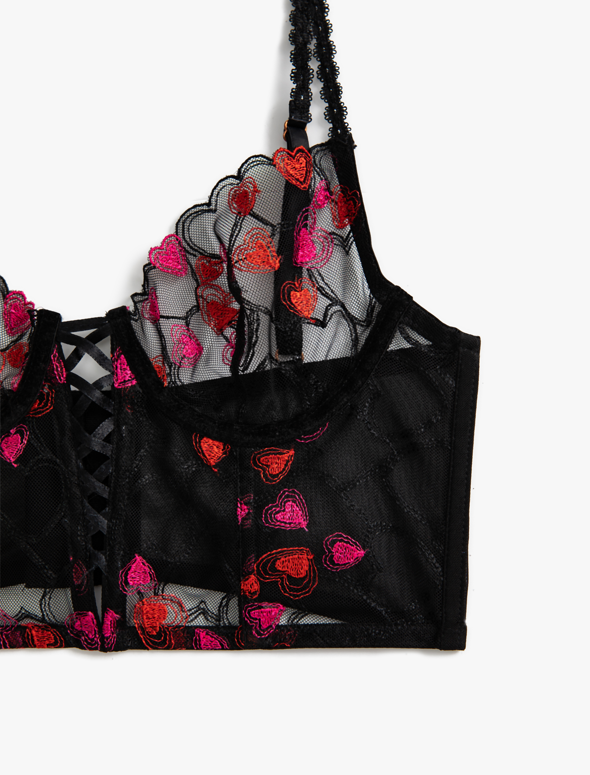   Bralet Sütyen Tül Kalp Baskılı Balenli Dolgusuz