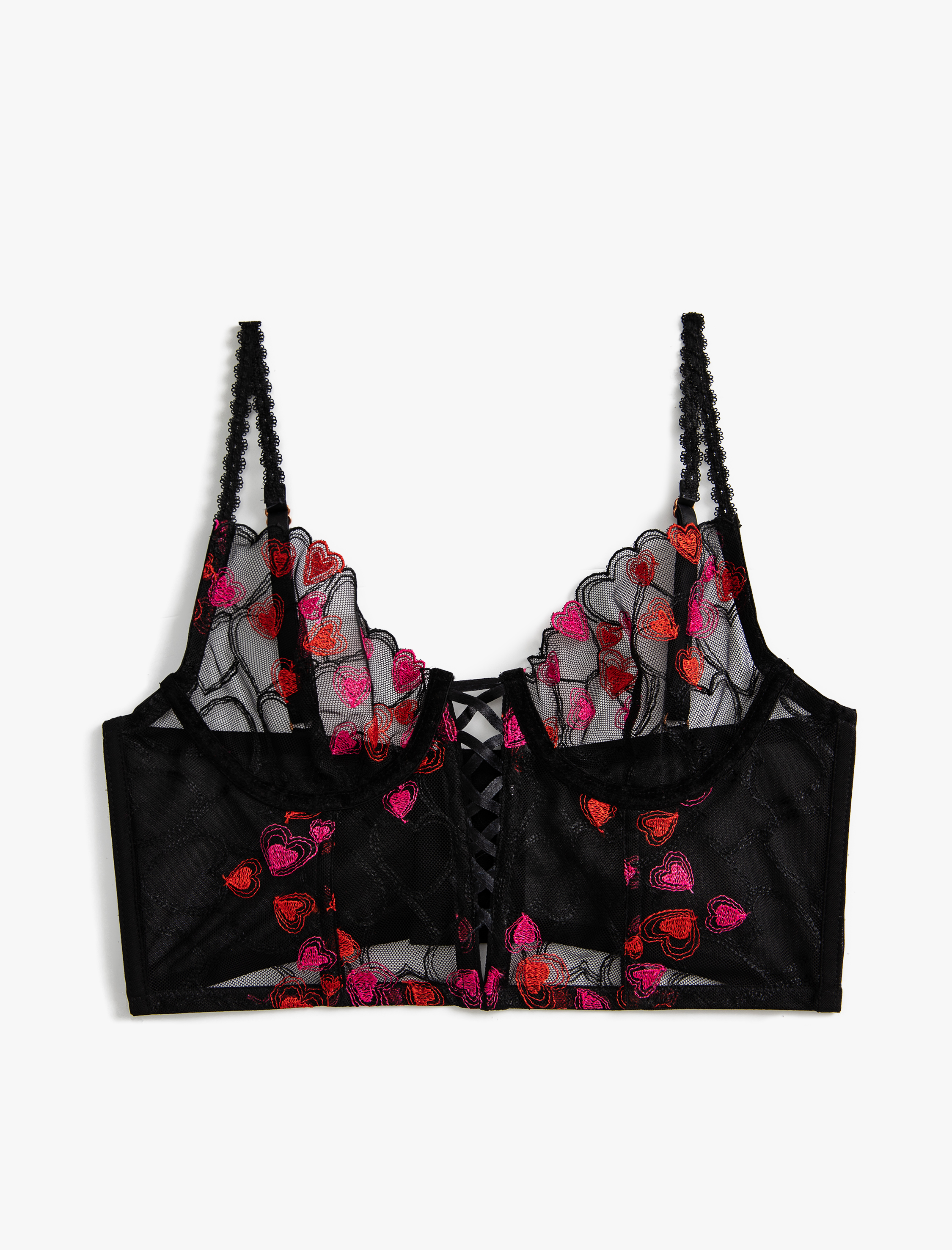   Bralet Sütyen Tül Kalp Baskılı Balenli Dolgusuz