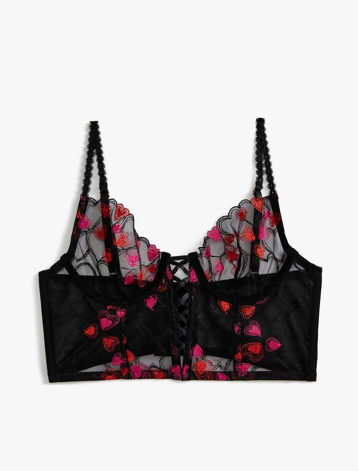  Bralet Sütyen Tül Kalp Baskılı Balenli Dolgusuz