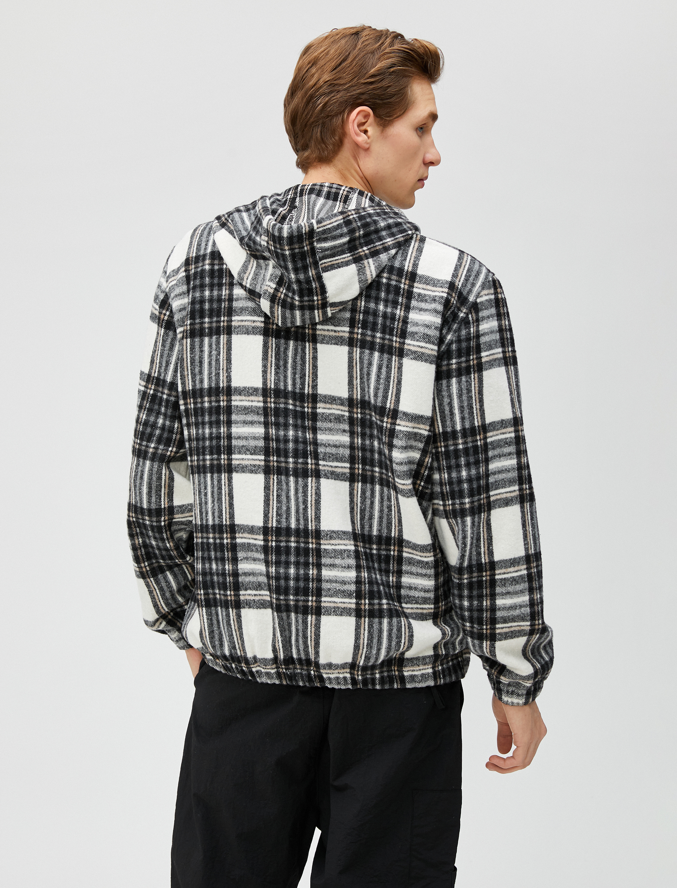 Kareli Kapşonlu Sweatshirt Kanguru Cepli Yarım Fermuarlı