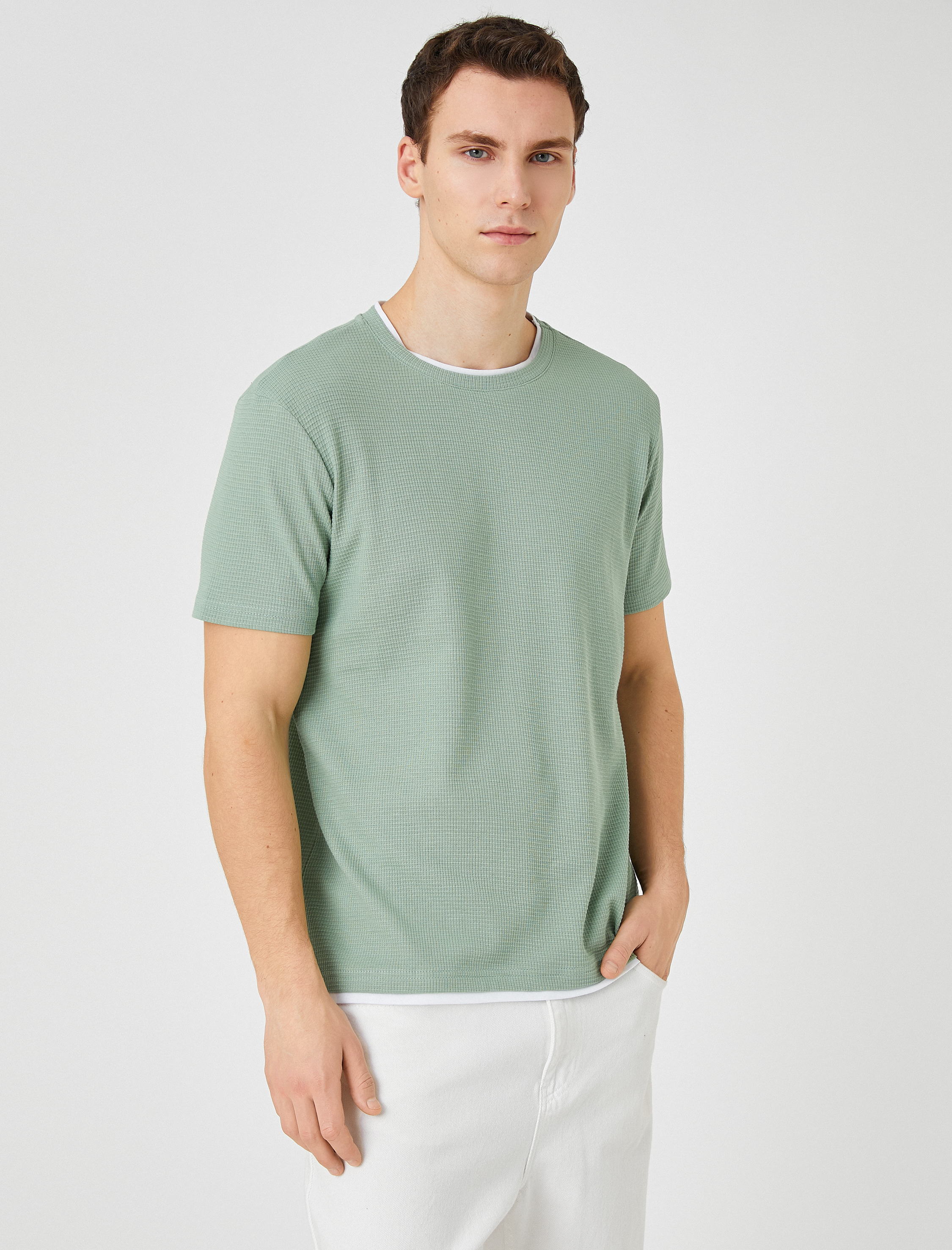   Basic Dokuma Tişört Bisiklet Yaka Kısa Kollu Dar Kesim