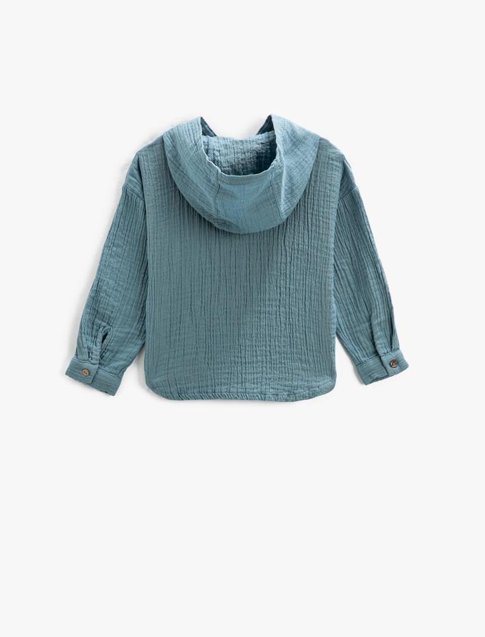 Erkek Bebek Müslin Sweatshirt Kapşonlu Uzun Kollu  Düğmeli Cepli