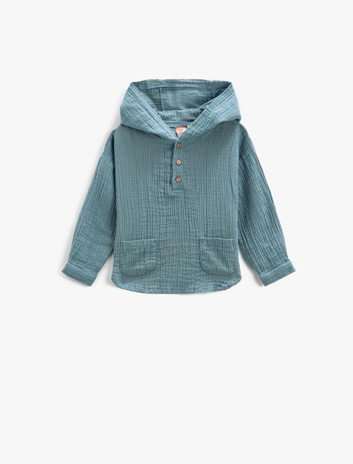 Erkek Bebek Müslin Sweatshirt Kapşonlu Uzun Kollu  Düğmeli Cepli