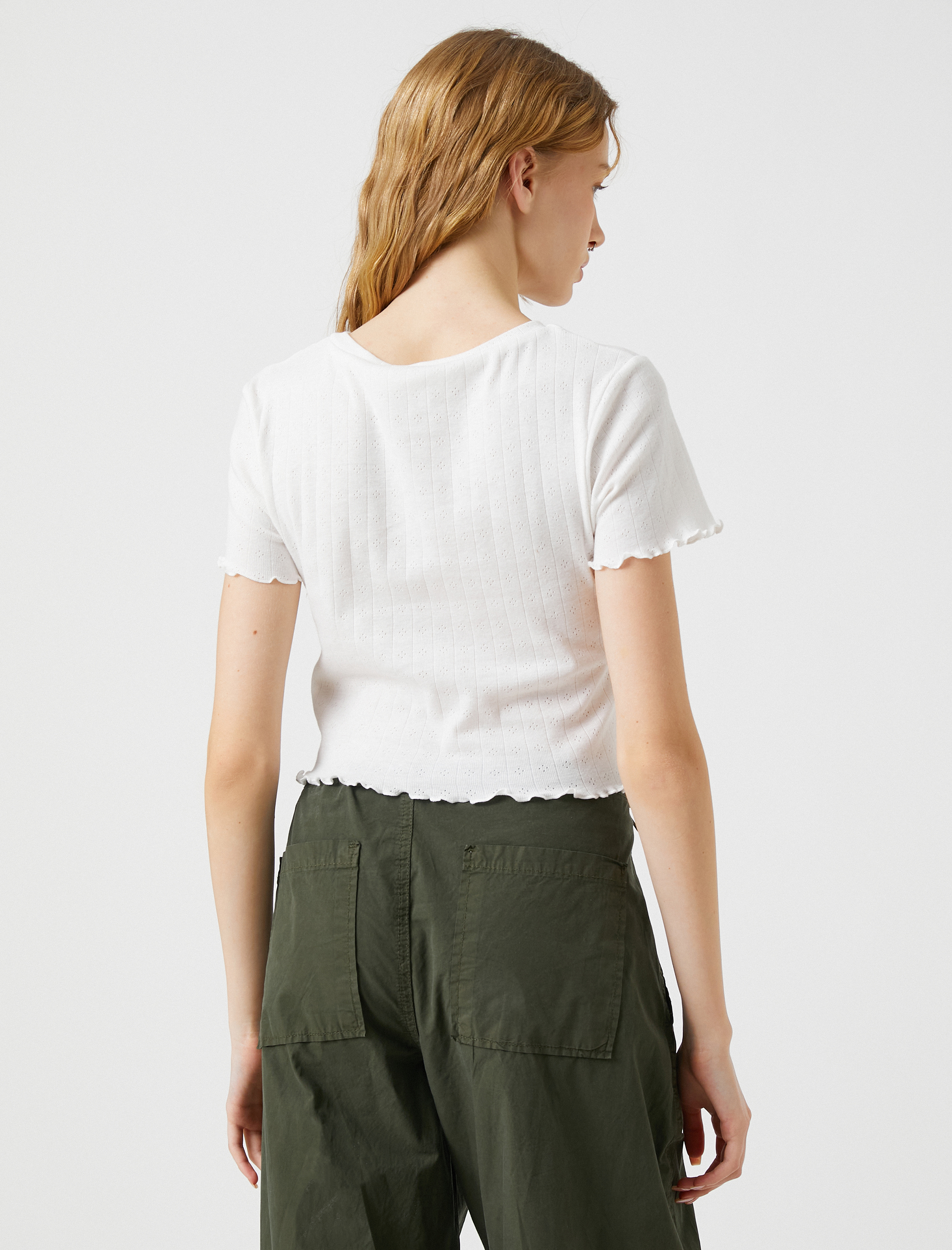   Crop Tişört Kısa Kollu Pamuklu Düğmeli Bisiklet Yaka