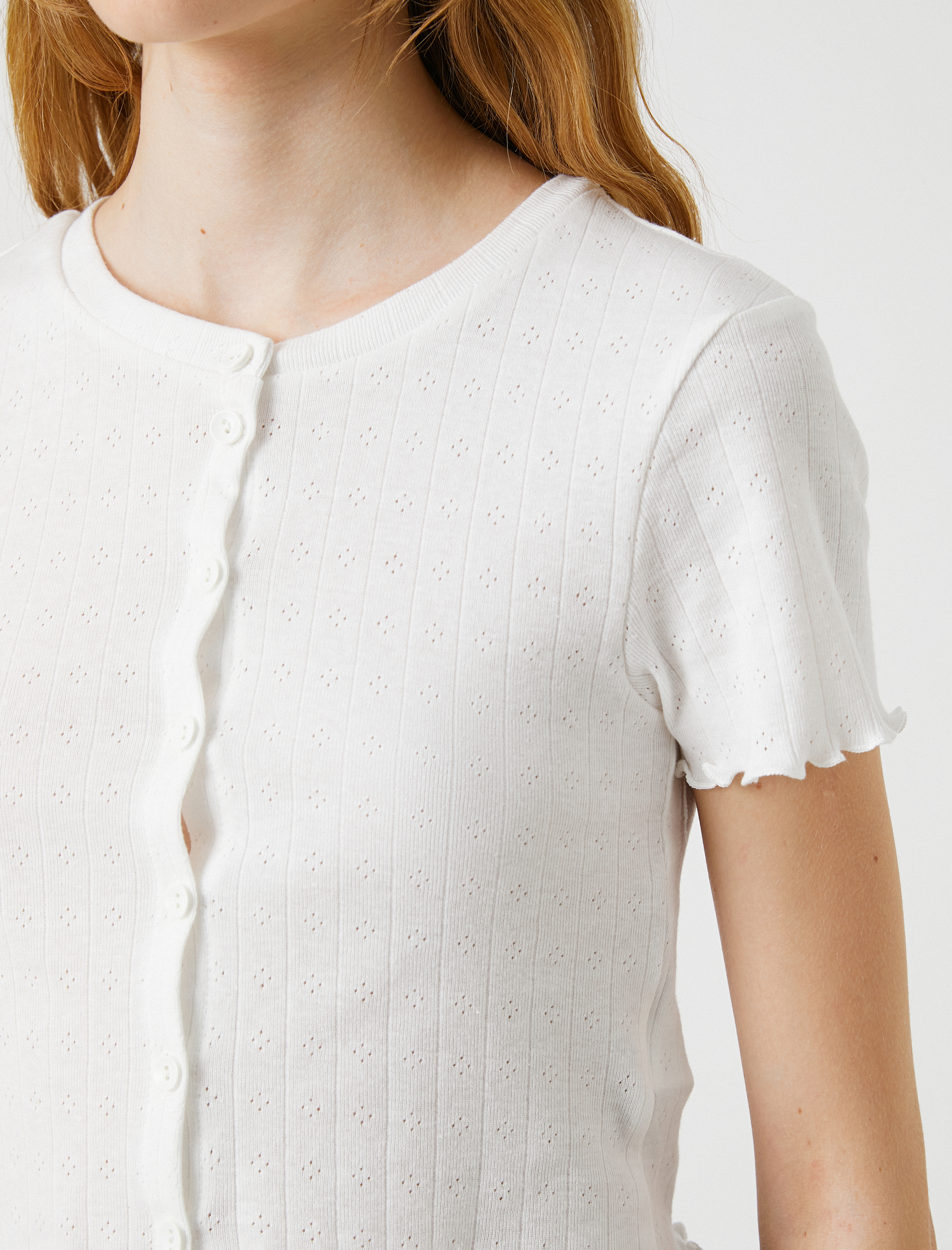   Crop Tişört Kısa Kollu Pamuklu Düğmeli Bisiklet Yaka